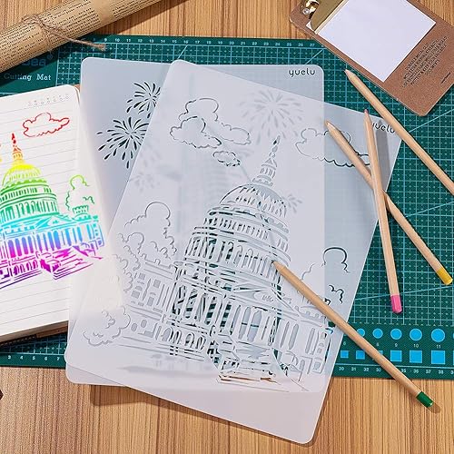 Miniatura 5 de GORGECRAFT Plantilla de dibujo de plástico A4 de 10 estilos A4, plantillas de edificios de ciudades famosas, paisaje de paisaje reutilizable,