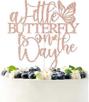 Rose Gold Glitter A Little Butterfly is on the Way Cake Topper, Oh Baby/Welcome Baby, Spring Butterfly Themed Baby Shower Party Decorations Supplies for Baby Girls