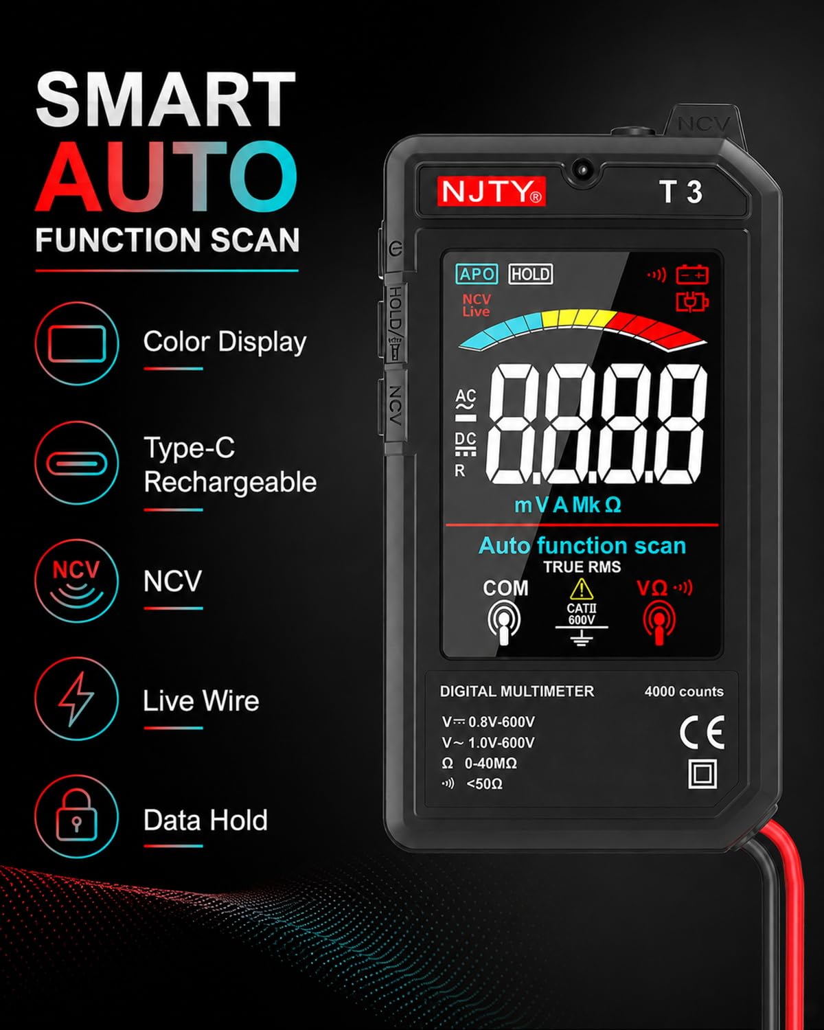 NJTY T3 Auto-Ranging Digital Multimeter, Type-C Rechargeable — Amazon image 2