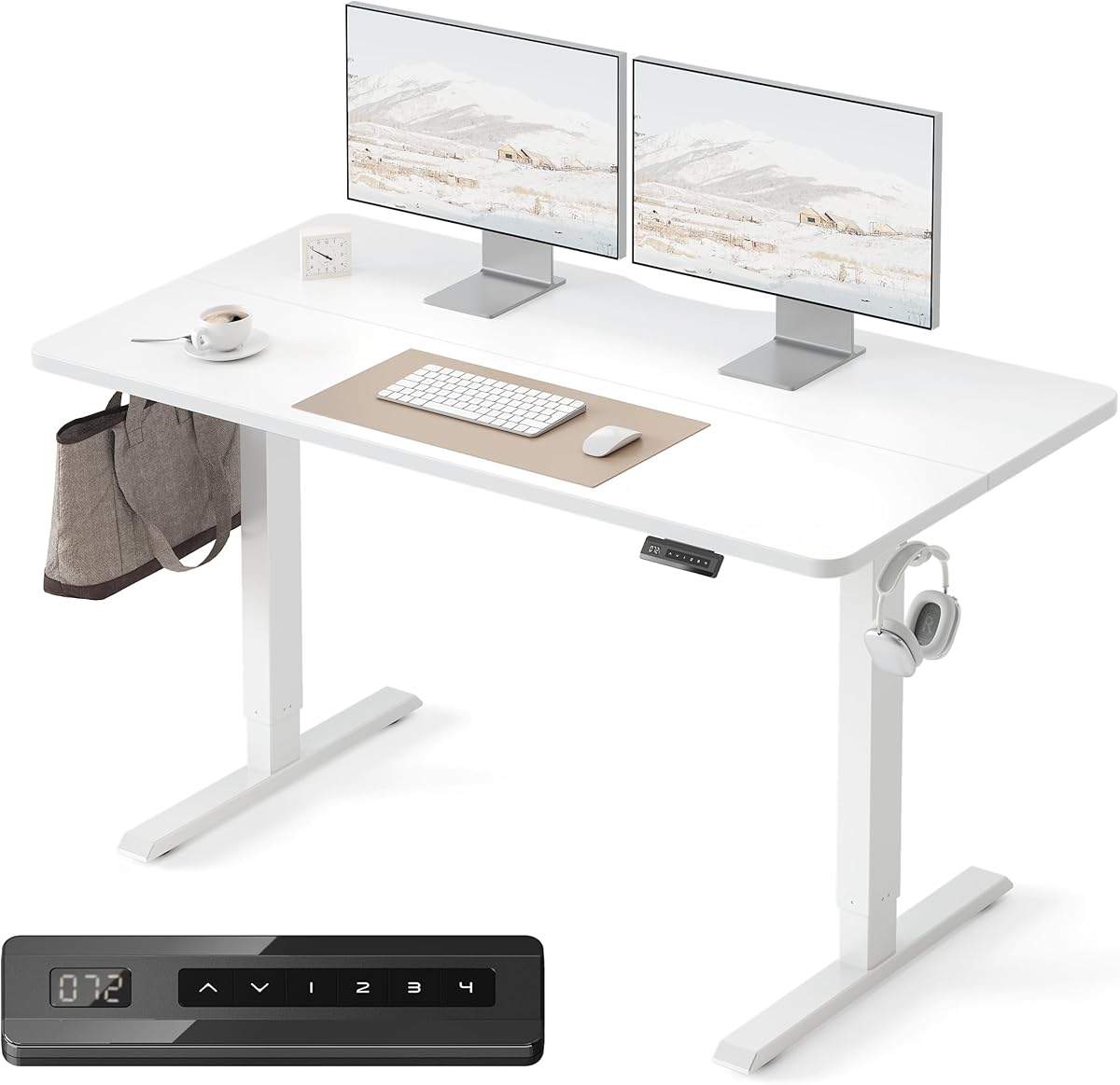FEZIBO Electric Height Adjustable Standing Desk, 60x140cm Ergonomic Home Office Table with Splice Board & White Wood Grain Surface, Upgraded Stable Steel Frame for Sit-Stand Workstation