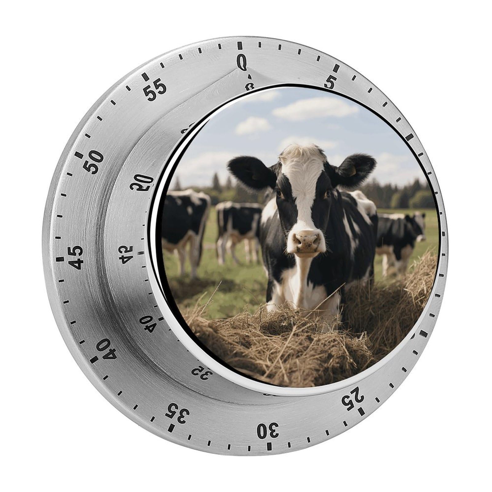 Mechanical Kitchen Timer with Magnetic Back, Stainless Steel Manual Cute Cows Printed Timer for Cooking and Time Management