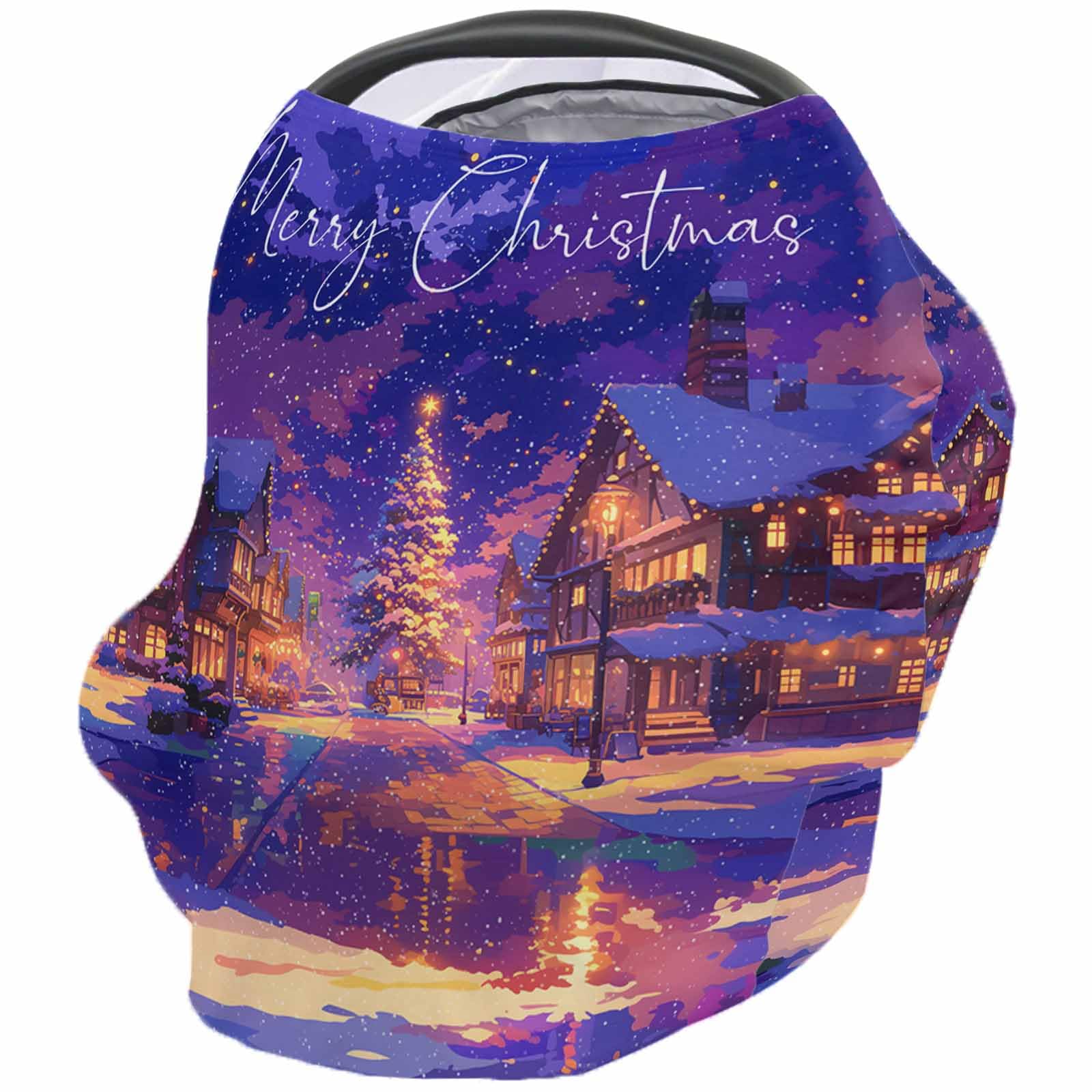 Nursing Cover for Breastfeeding Scarf, Merry Christmas Cartoon Purple Street Houses Trees Baby Car Covers Super Soft Multi Use for Canopy Shopping Cart Cover Blanket Stroller Cover