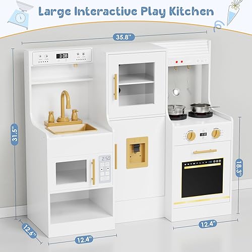Miniatura 2 de MAMIZO Cocina de juego de madera para niños, juego de cocina de juguete para niños, juego de cocina interactivo grande con 6 utensilios de cocina,