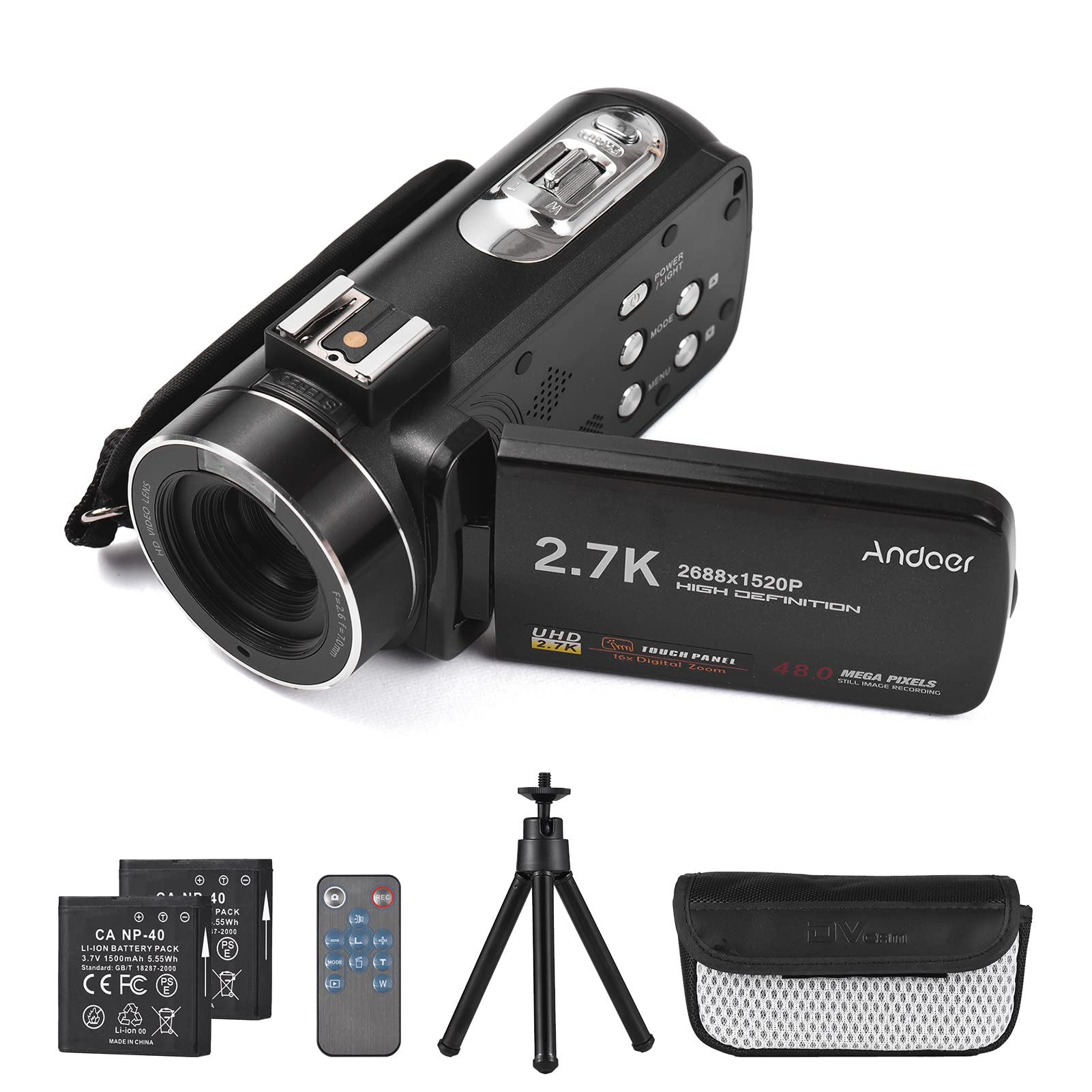 Andoer Videocamera Digitale 2.7K 48MP Con Touch Screen 3.0'' E Zoom 16X – Include 2 Batterie E Microfono Esterno
