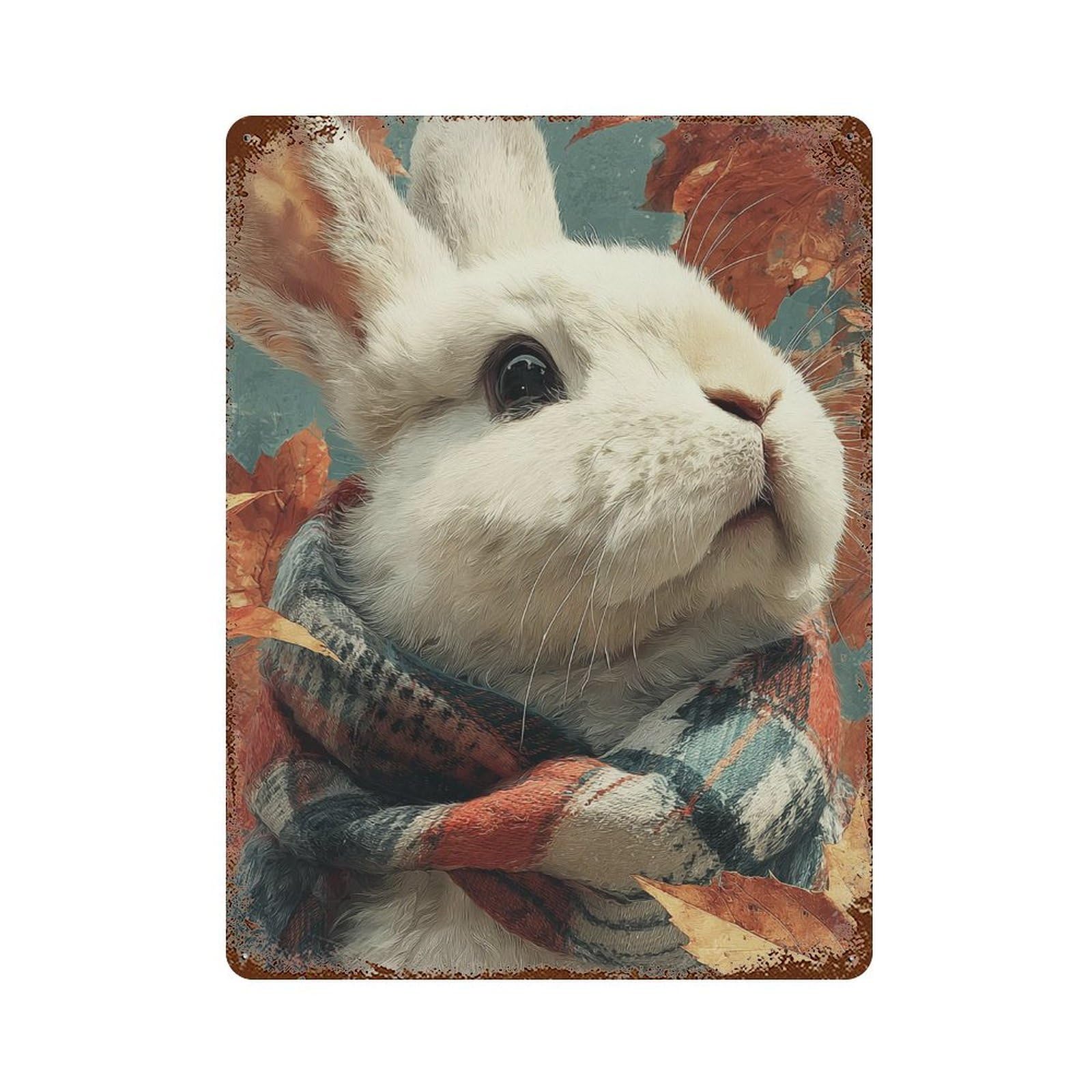 Autumn Rabbit with Plaid Scarf Weathered Tin Sign 15.7"x11.8", Classic Wall Plaque for Garage, Bar And Workshop Decor