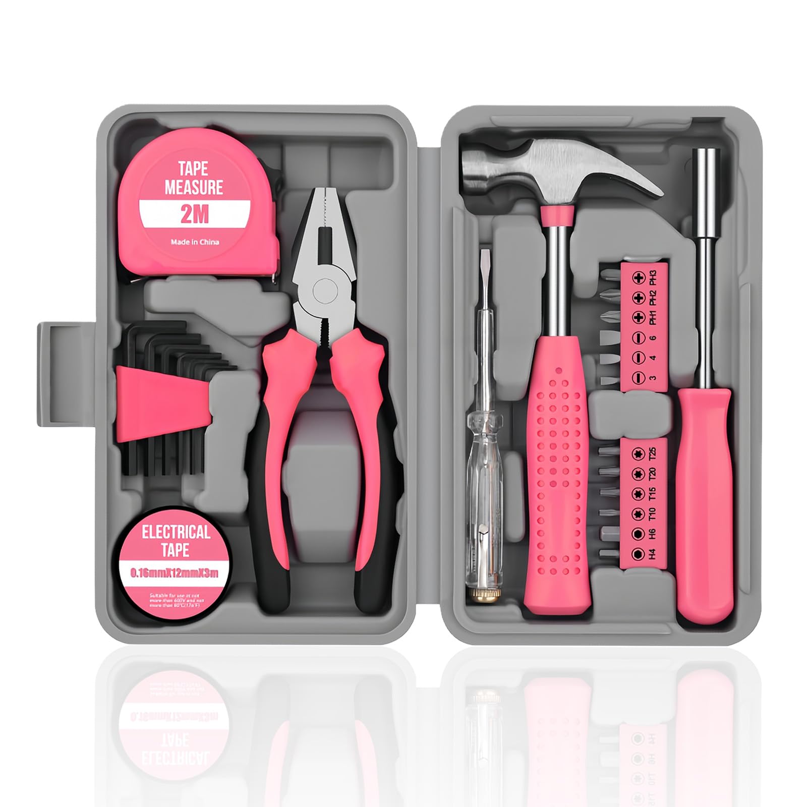 Pink Tool Kit for Women, Pliers Drill Small Set, Mini DIY Household Toolkit, Portable Home Improvement Tool Kit with Storage Box, for Repairs University, Garage, Office, School 24 PCS