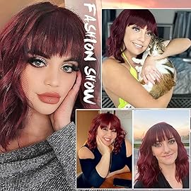Ucubb Short Bob Wig with Bangs for Women Wine Red Wigs Synthetic Curly Wavy Hair Wigs Natural Looking Heat Resistant Fiber Hair for Women