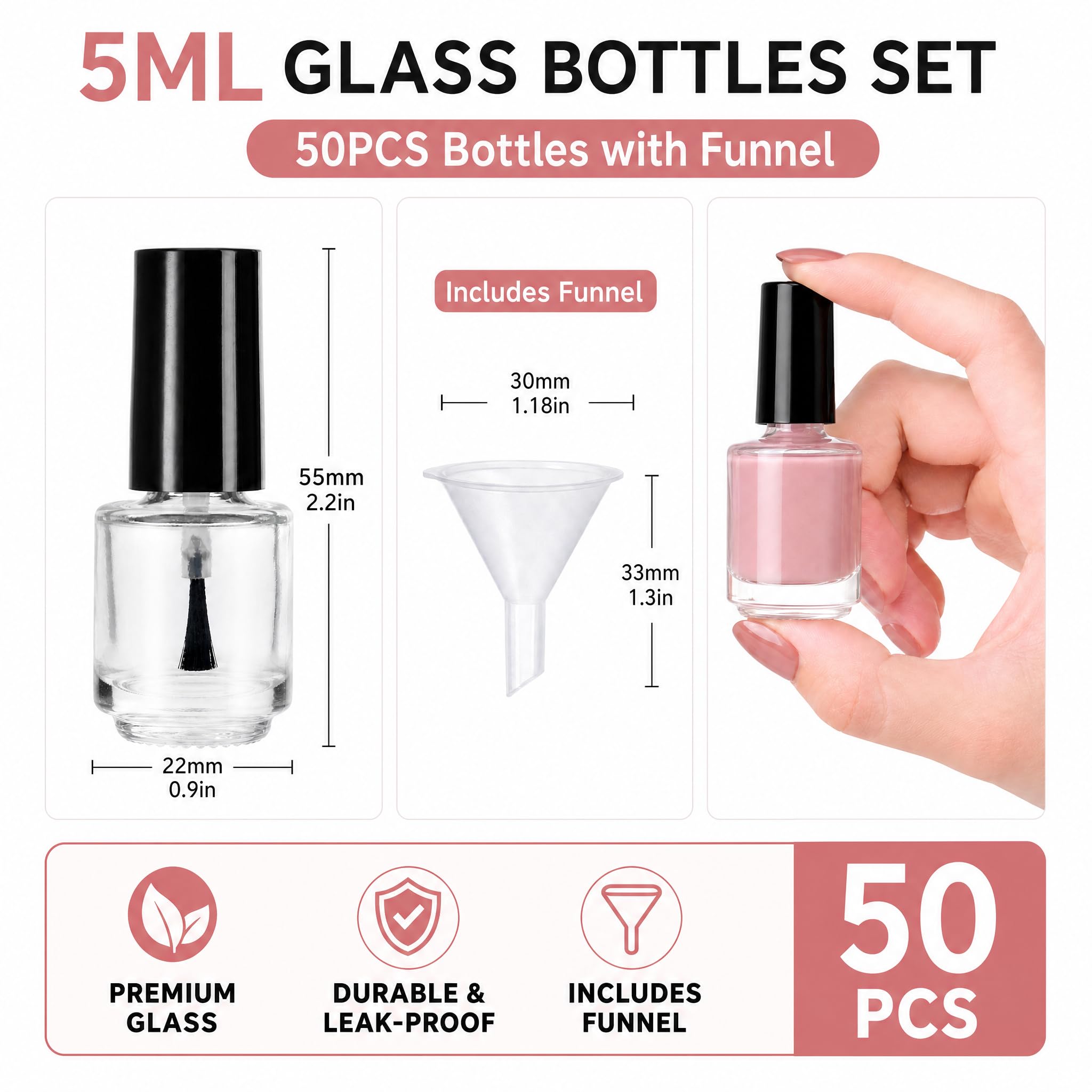 ZENFUN Lot de 50 flacons de vernis à ongles vides de 5 ml avec bouchon pinceau, récipients transparents pour vernis à ongles avec 6 entonnoirs en vrac, flacons rechargeables en verre pour nail art