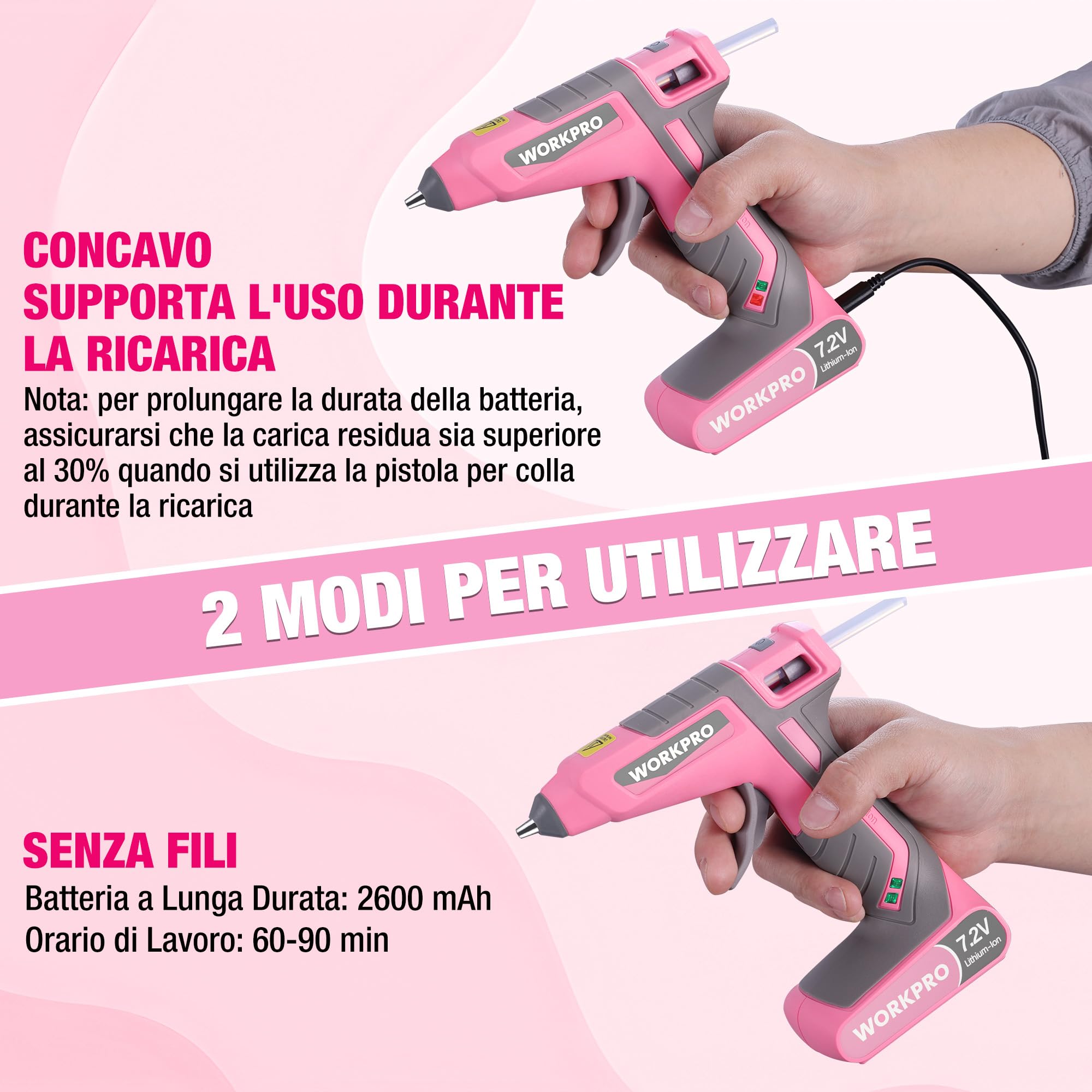 WORKPRO Pistola per Colla a Caldo 7,2V, a Batteria, Senza Fili e con Cavo, con 20 Stick di Colla, Riscaldamento Rapido in 30s, Ricarica USB-C, Erogazione Veloce, per Fai-da-te e Decorazioni