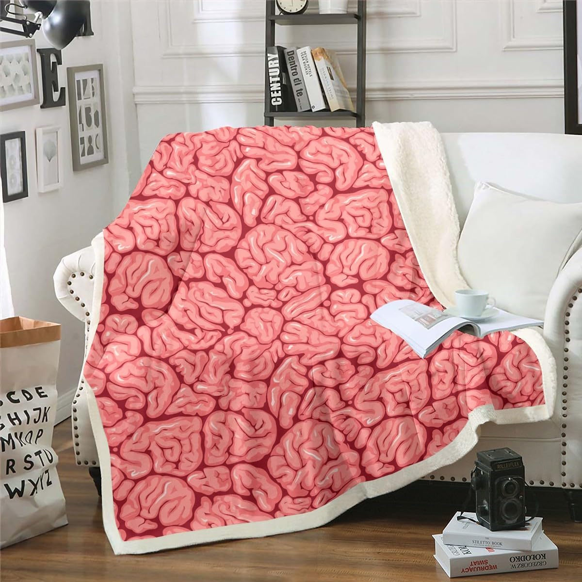 Feelyou Halloween Theme Fleece Throw Blanket Twin 60"x80" Kids Pink Plush Blanket for Boys Girls Teens Brain Design Sherpa Blanket Human Brain Fuzzy Blanket