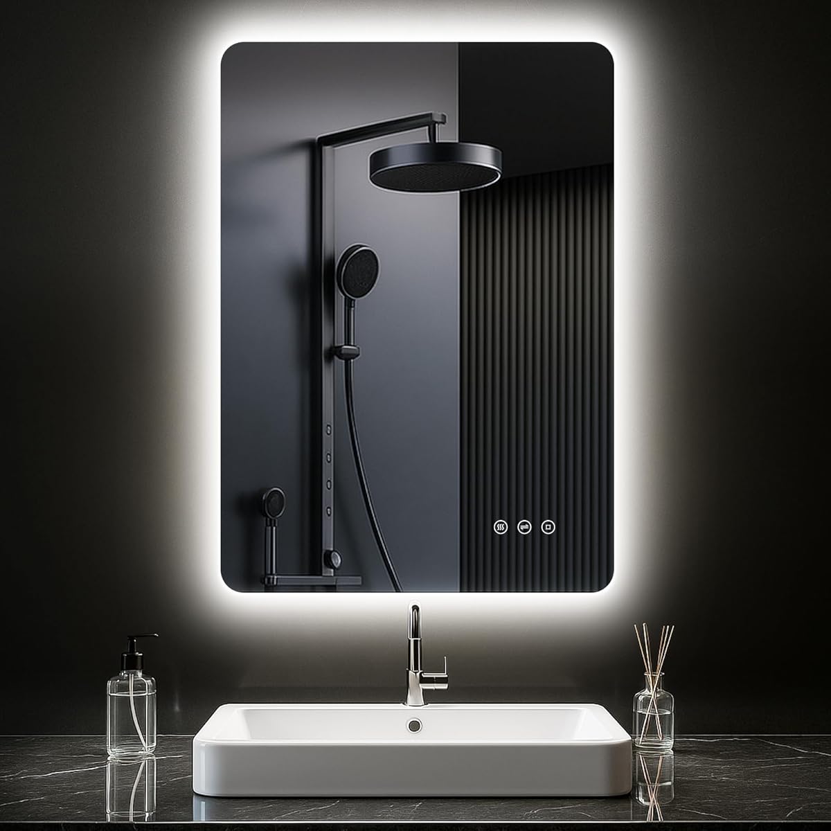 Badezimmerspiegel mit Beleuchtung 50 x 70cm, LED Spiegel Bad mit Antibeschlag, 3 Lichtfarben, Dimmbar, Rechteckig Badspiegel mit Touch-Schalter, Speicherfunktion, Horizontal/Vertikal Montage