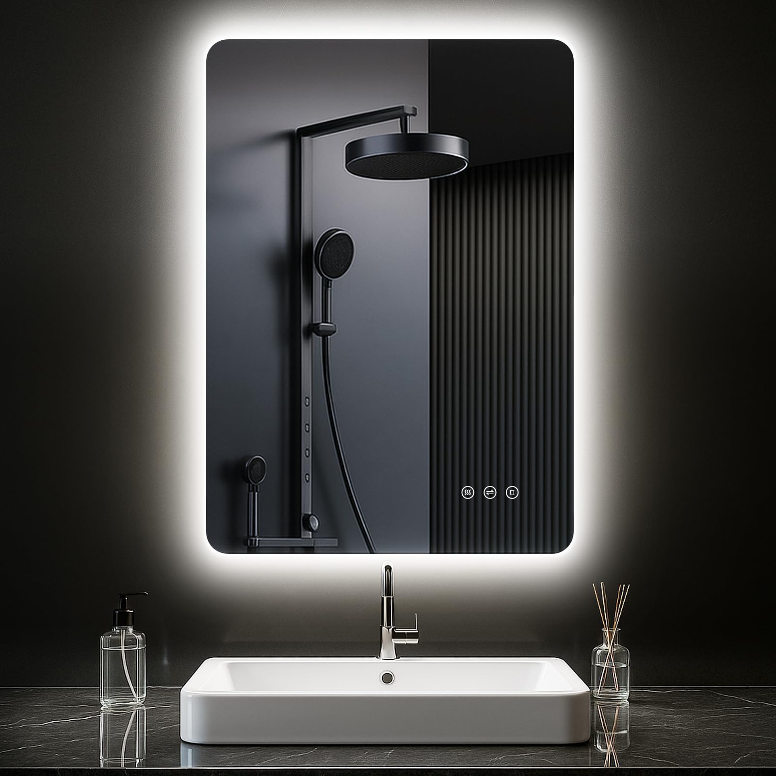 PESENXAN Badezimmerspiegel mit Beleuchtung 50 x 70cm, LED Spiegel Bad mit Antibeschlag, 3 Lichtfarben, Dimmbar, Rechteckig Badspiegel mit Touch-Schalter, Speicherfunktion, Horizontal/Vertikal Montage