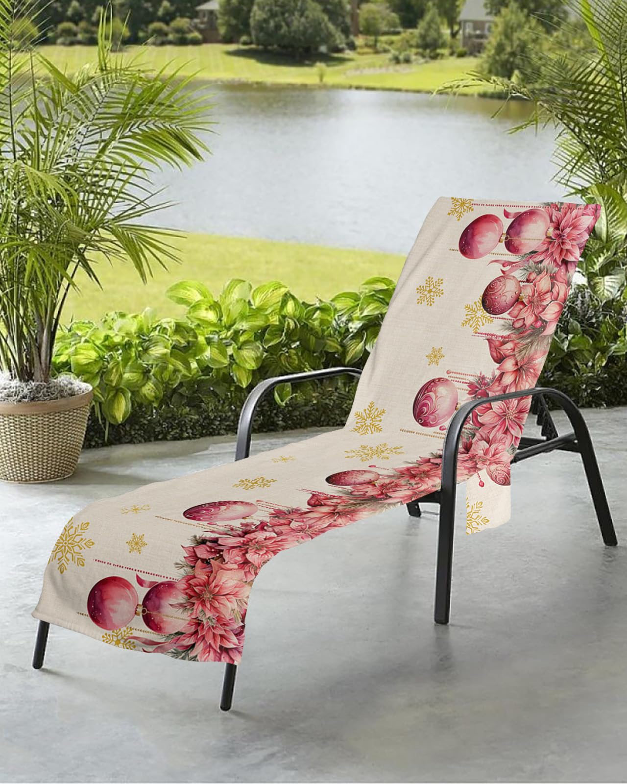 Farmhouse Flower Beach Chair Towel Covers for Chaise Lounge with Side Pocket, Soft Plush Pool Towels Cover for Patio Sunbathing Outdoor 29''x85'' Christmas Pink Red Gold Christmas