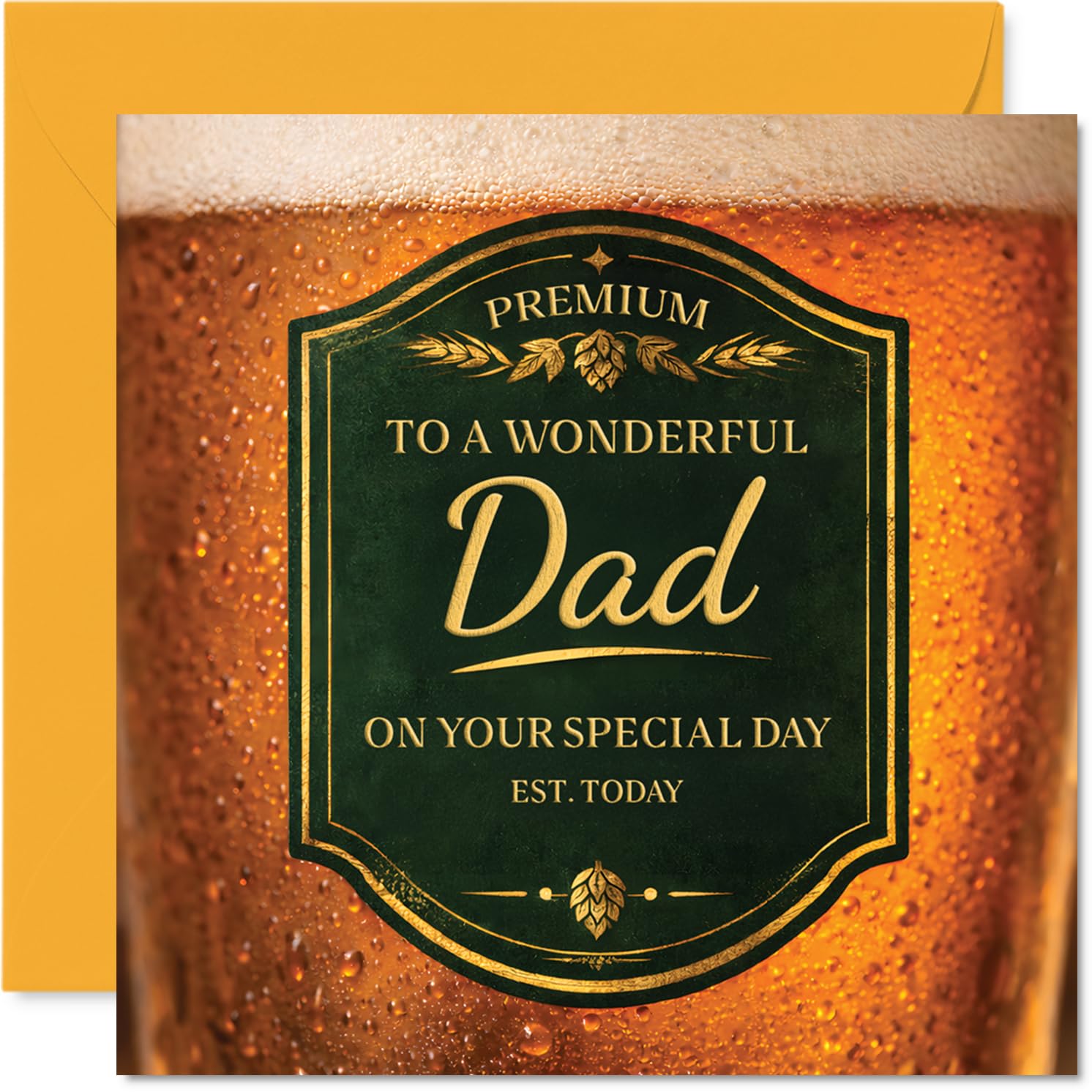 Heartfelt Birthday Card for Dad - Raise a Glass to Dad - Rich Amber Beer Design with Gold Detailing - Cheers to His Special Day - 145mm Square, Envelope Included