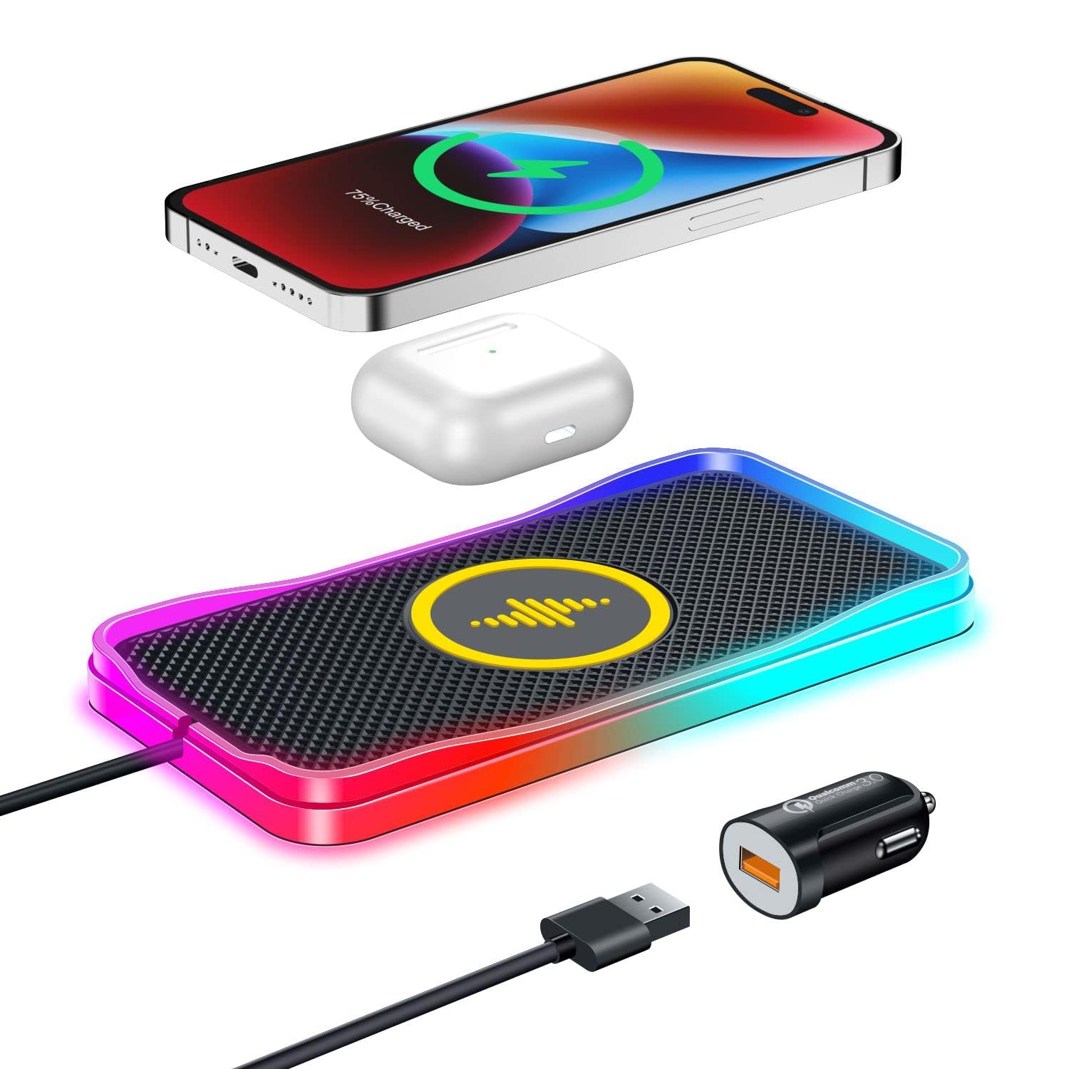 Wireless Charger for Car, 15W RGB Non-Slip Wireless Car Charger Pad Fast Wireless Phone Charger for Cell Phone Wireless Charging Mat for iPhone 14 13 12 Pro Max for Samsung S23 S22 Ultra