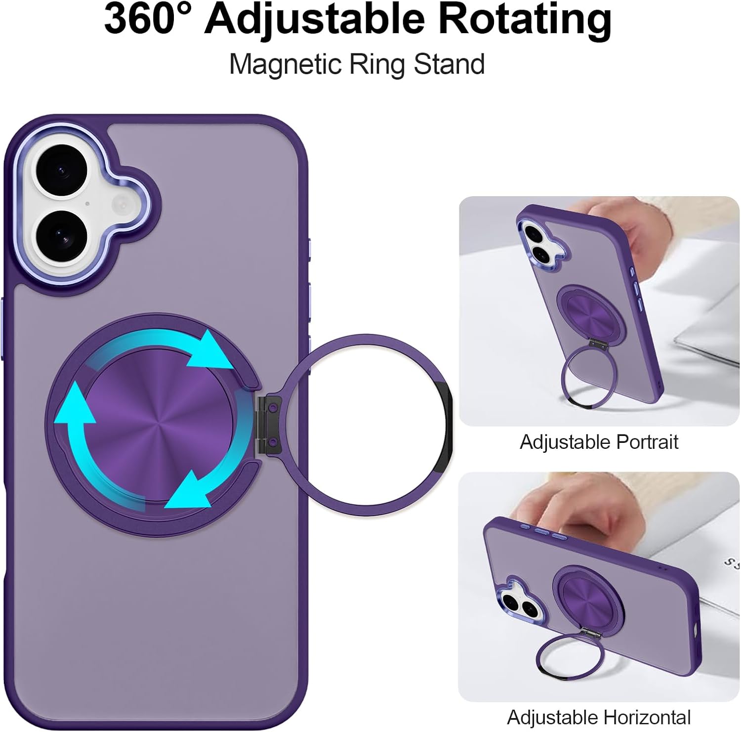 ZIYE Dark Purple Case for iPhone 16 Case with Stand [Compatible with MagSafe] Slim Heavy Duty Protection Military Grade Shockproof Magnetic Cover with 360 Rotatable Ring Kickstand for Women Men