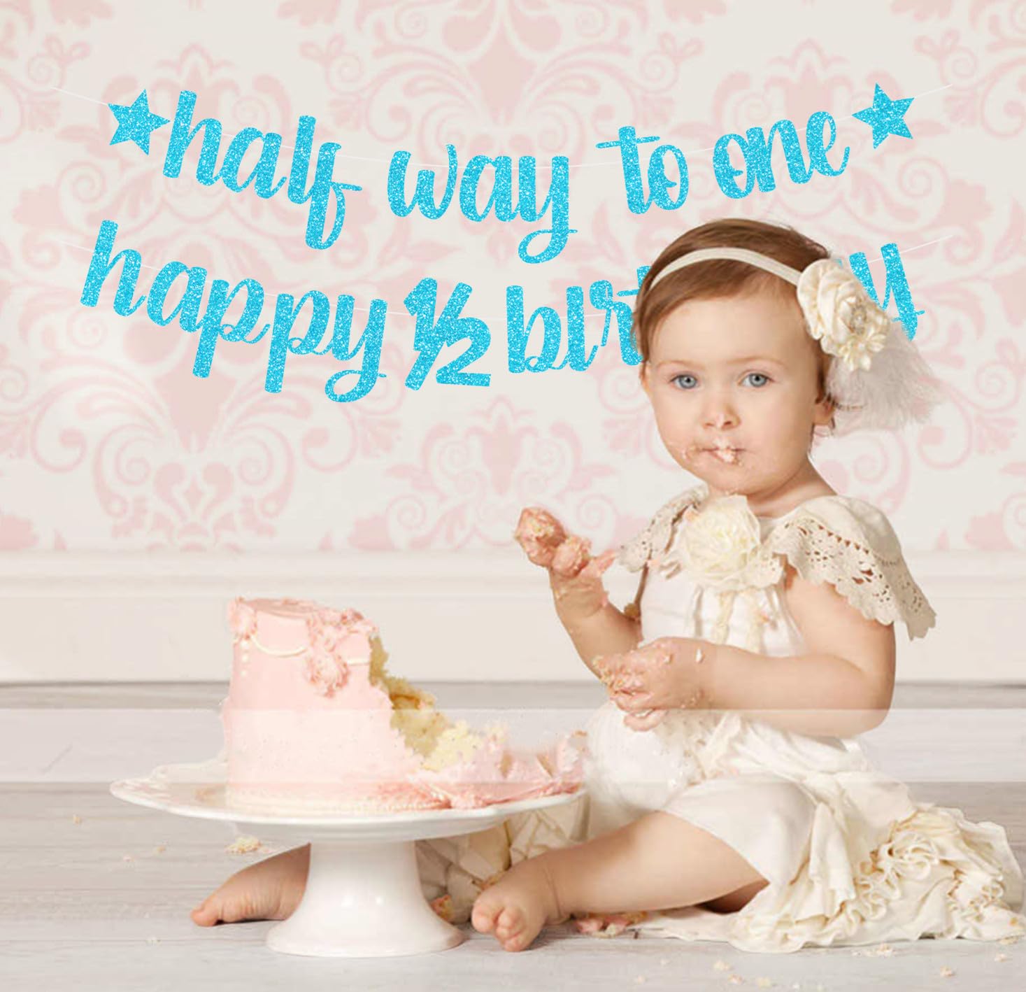 Half Way To One Kit Decorazioni Compleanno 6 Mesi Blu: 32 Pezzi Con Striscione, Palloncini Foil E Lattice, Topper Torta E Nastro Per Festa 1/2 Anno Bambino