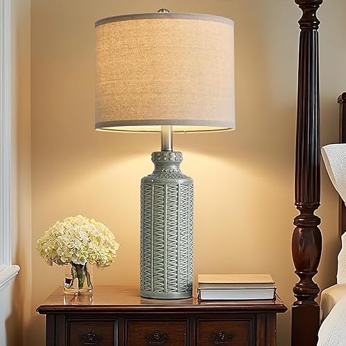 Miniatura 4 de Lámpara de mesa moderna y simple de 24.75 pulgadas, pantalla de lino con base de cerámica, adecuada para dormitorio, sala de estar, mesita de noche,