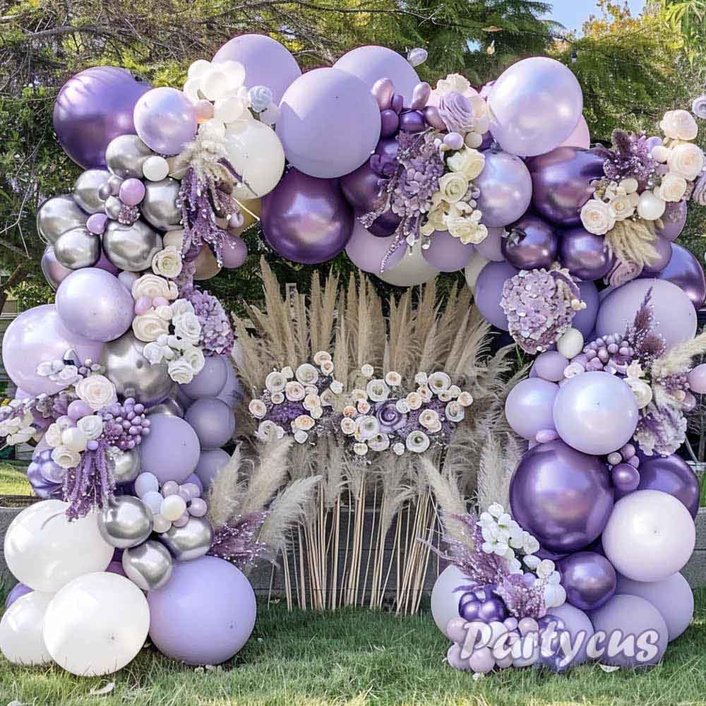 Pastel Purple White Balloon Arch Double Stuffed, Light Lavender Pearl Balloon Garland Kit with Metallic Lilac Silver Color for Bridal Shower Wedding Birthday Winter Valentine Party Decoration