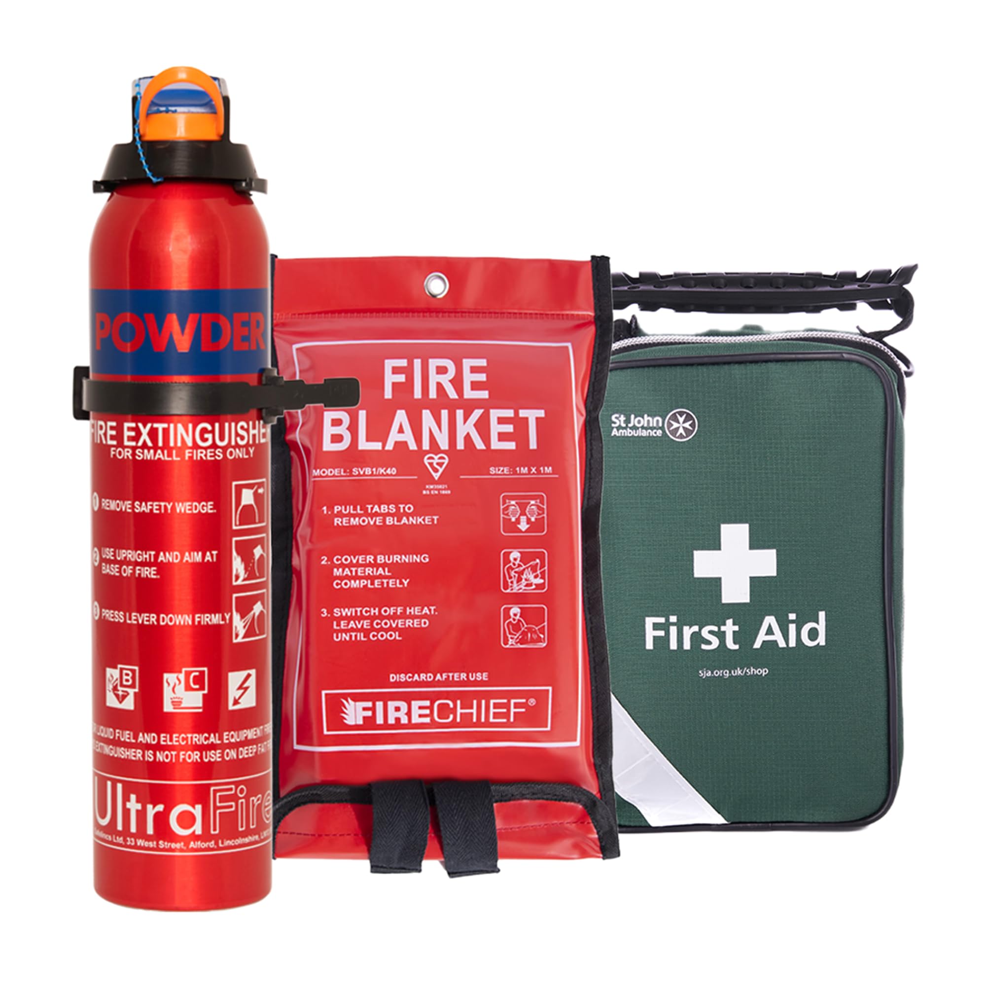 Ultrafire Fire Safety Kit – 600G Powder Extinguisher, St John Ambulance First Aid Kit & 1M X 1M Fire Blanket