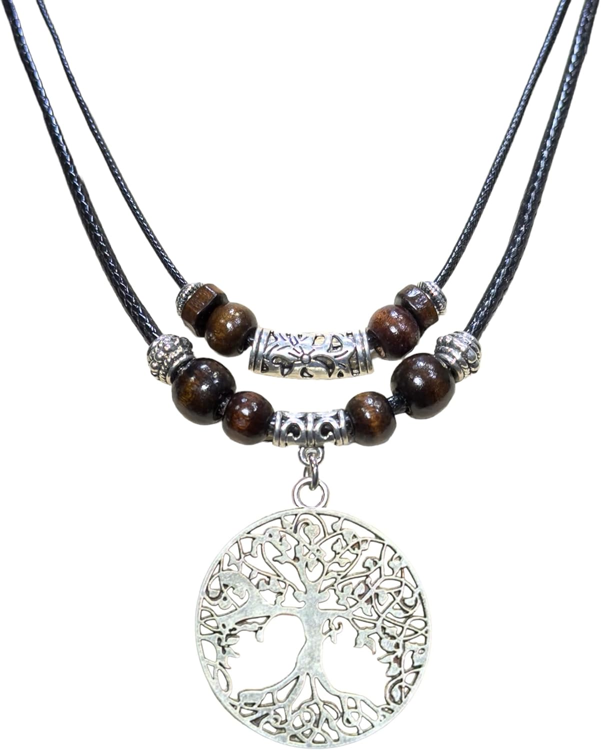 Double Layer Tree of Life Pendant Necklace Wood Beaded Handmade Jewelry Gifts for Mens Womens Wife Her Daughter Mom Grandma