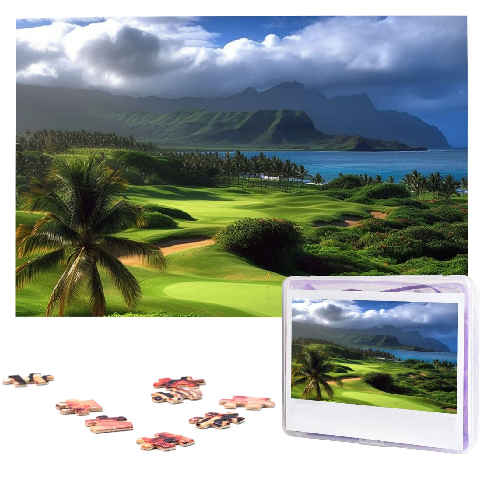 1000PCS Jigsaw Puzzle for Adults Personalized Picture Puzzle Scenic Hawaii Golf Tropical Customized Wooden Puzzle for Family, Birthday, Wedding, Game