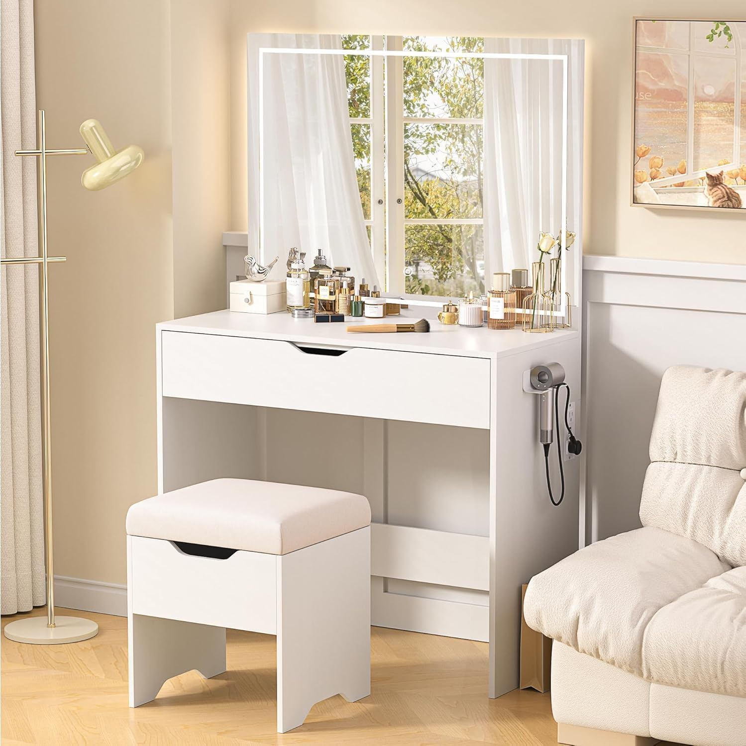 VECELO Vanity Desk Set with LED Lighted Mirror & Power Outlet, Makeup Table with Large Drawer, Storage Stool and Hair Dryer Stand, for Bedroom, White Classic