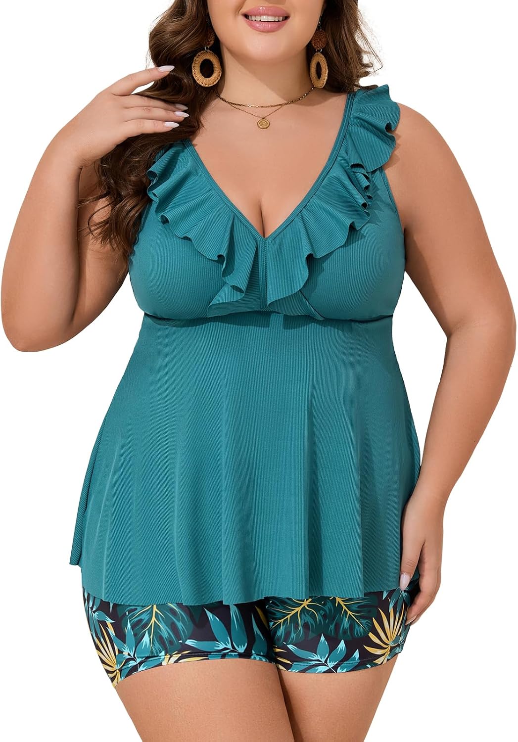Summer Mae Ribbed Plus Size Tankini Swimsuits for Women Ruffle Two Piece Bathing Suit with Boyshorts 2025 Swimwear Summer Rainforest 20 Plus
