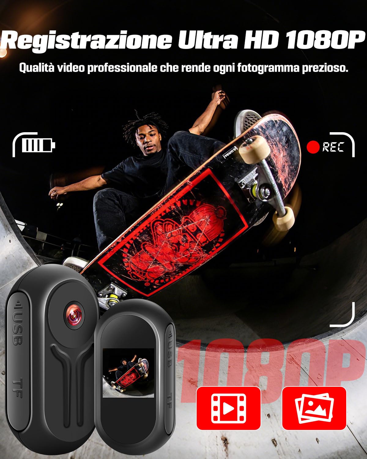 Mini Action Cam 1080P con Display da 0,85 pollici, BodyCam Magnetica con Grandangolo da 120°, Clip Posteriore a 360°, Batteria da 120 Minuti, Telecamera Portatile, Telecamera Moto