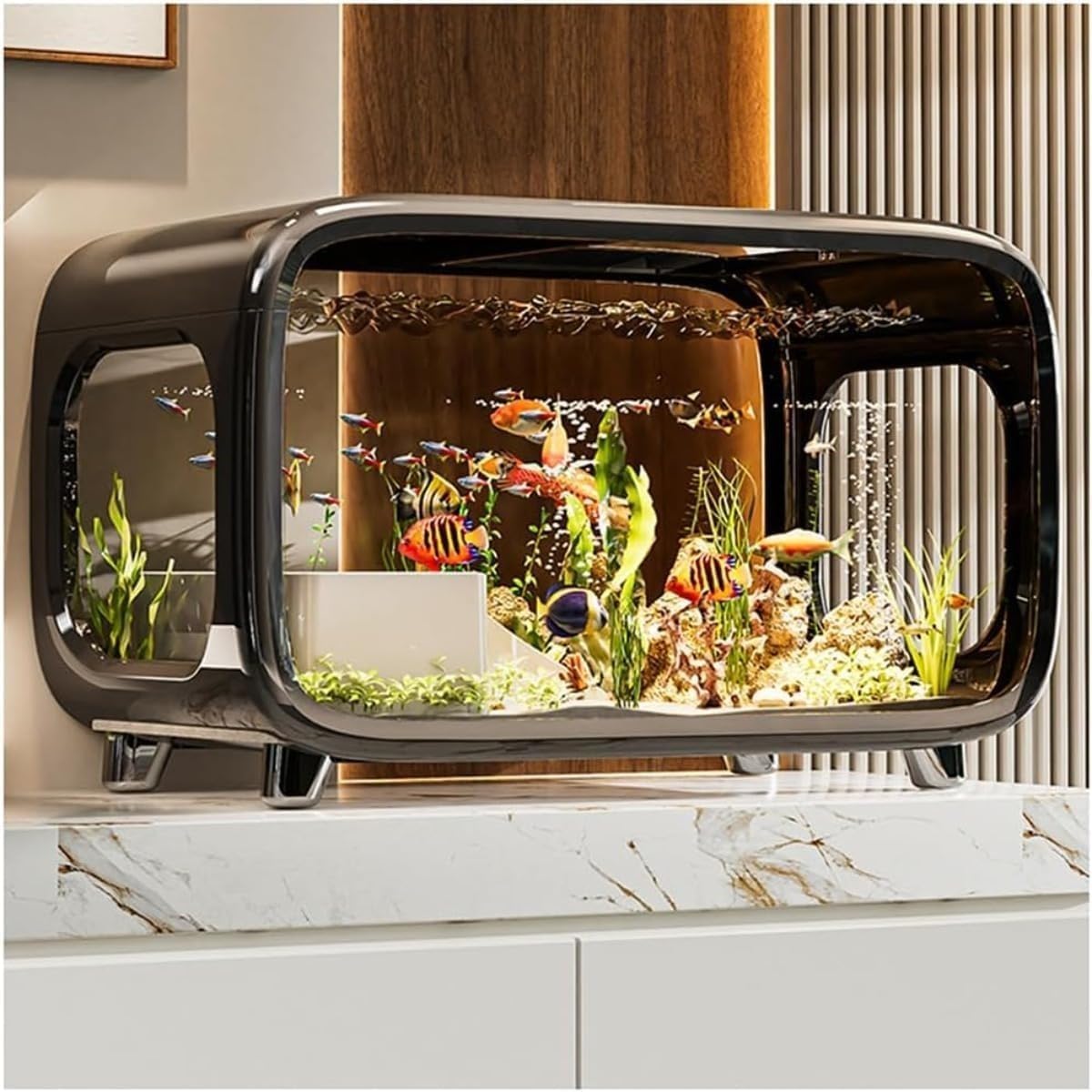 Blazez 小型水槽セット 金魚 ベタ メダカ 熱帯魚 飼育セット アクアテラリウム 蓋付き クライミングフレーム付き 水換え簡単