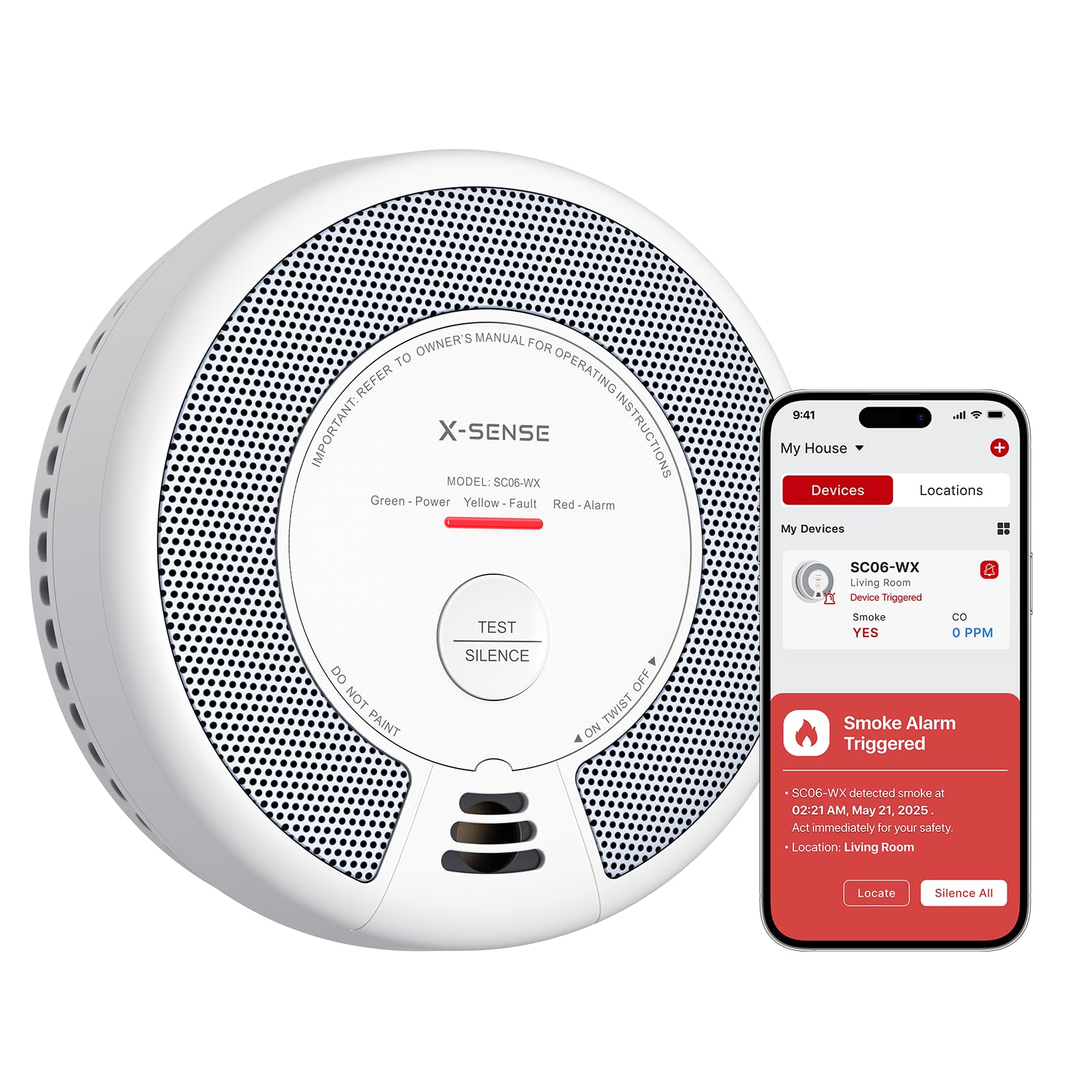 X-Sense Wi-Fi Smoke and Carbon Monoxide Alarm with Replaceable Battery, Smart Combination Detector Compatible with X-Sense Home Security App, SC06-WX, 1-Pack