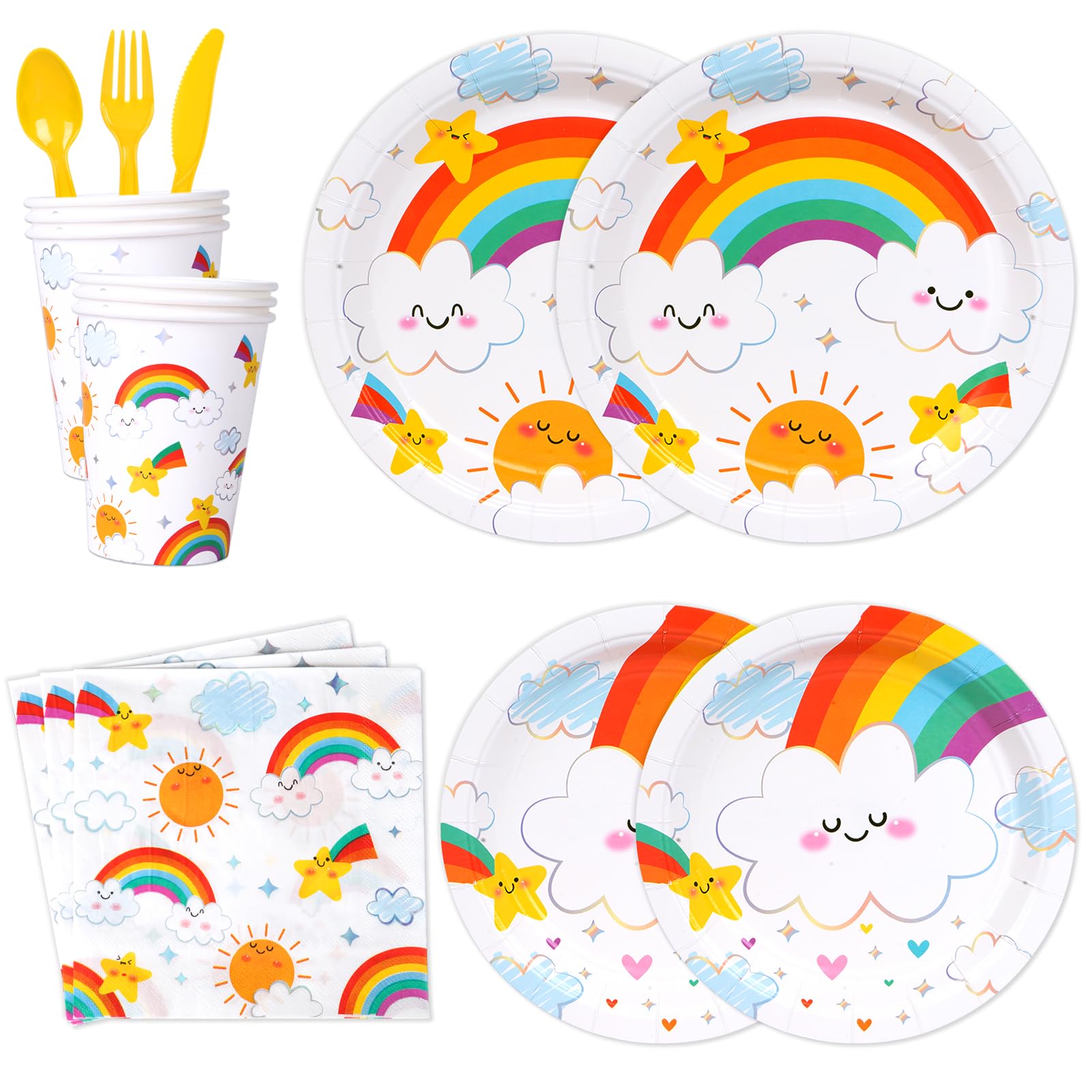 DECORLIFE 113 PCS Rainbow Party Supplies, Rainbow Birthday Decorations for Girls, Tablecloth Napkins Cups Utensils Included, Serve 16 Guests