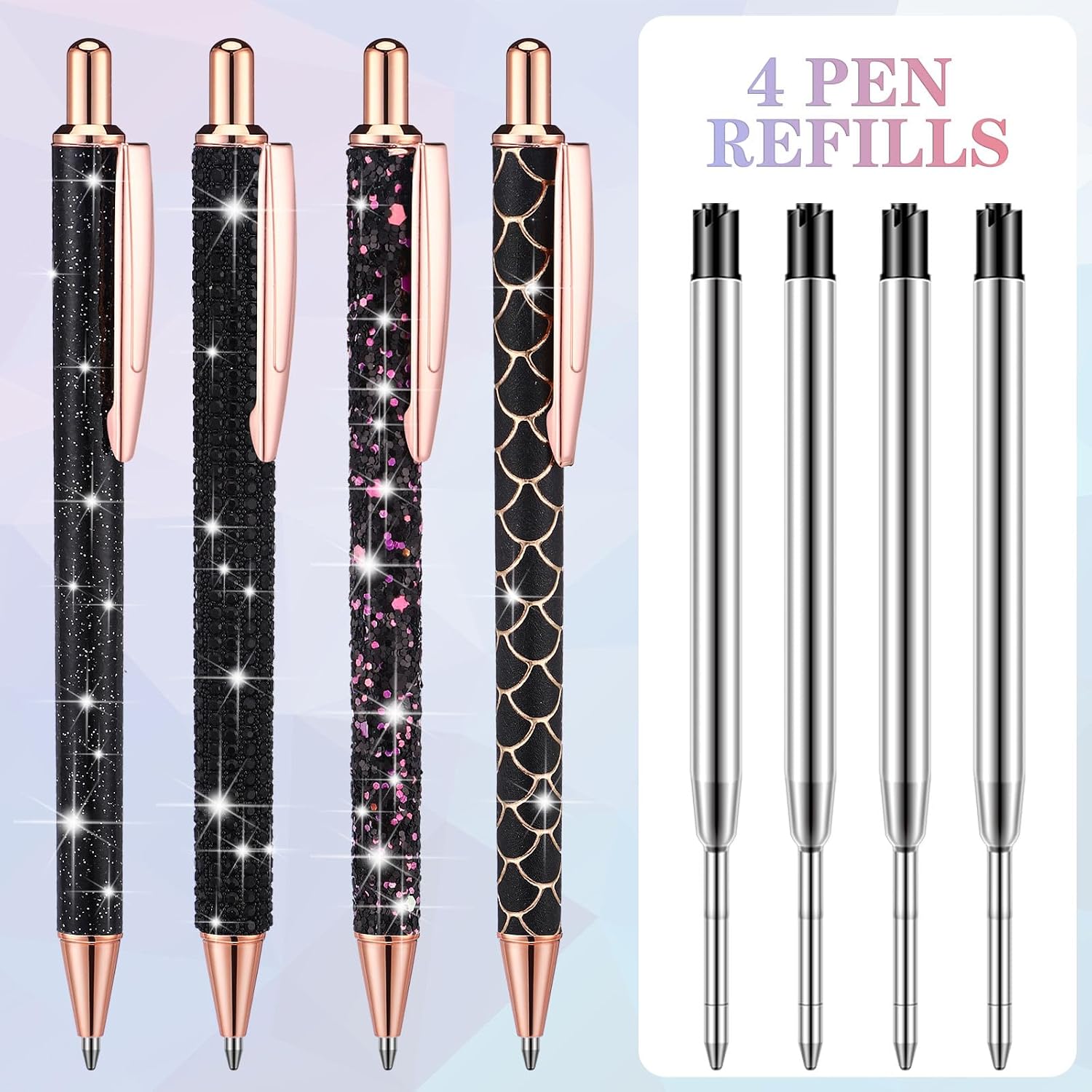 Ireer 4 Pcs Bling Rhinestone Sparkly Pen for Women Diamond Crystal Glitter Metal Ballpoint Ink Pen with 4 Pcs 1.0mm Refills Desk Accessory for Girl Students Gift(Black)