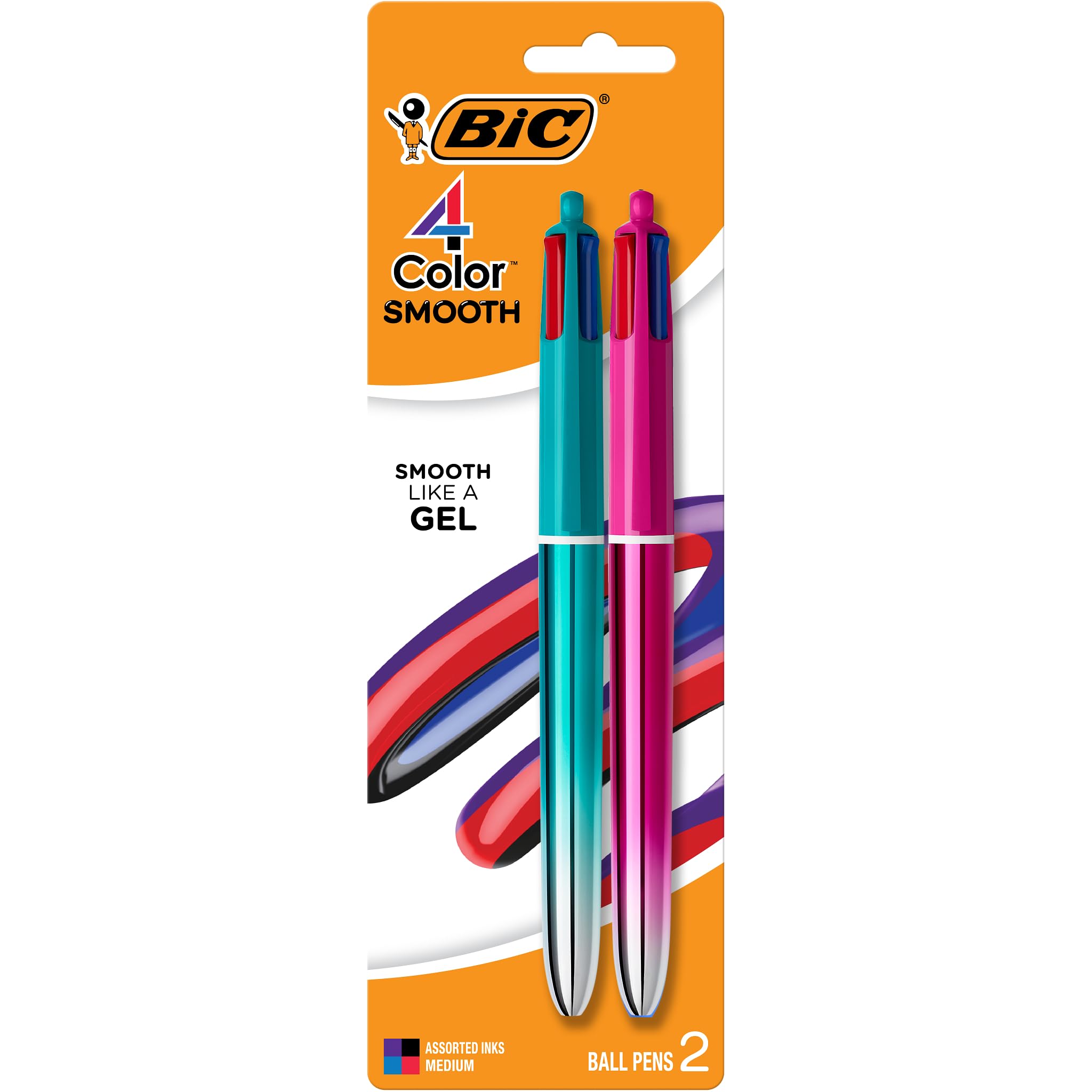 BIC 4 Color Smooth Gradient Retractable Ballpoint Pen, 1.0 mm Medium Point, 2-Count in Assorted Ink