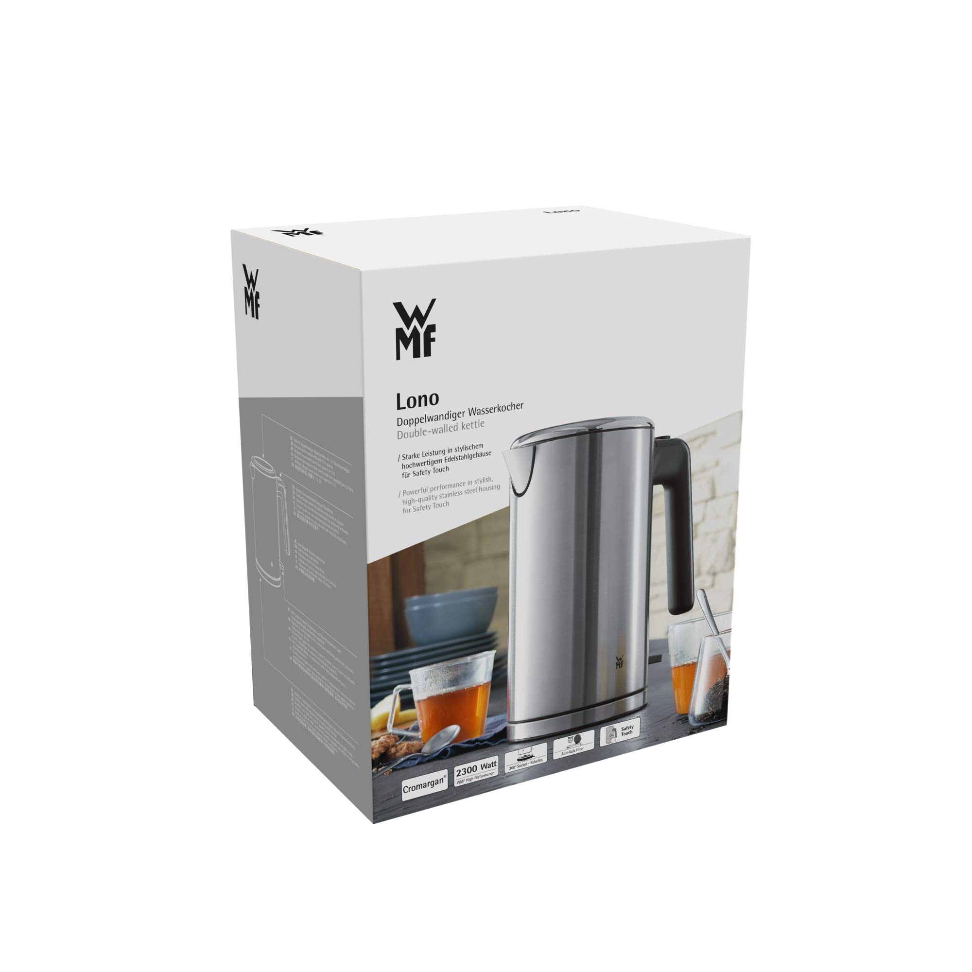 WMF Lono czajnik elektryczny z podwójnymi ściankami, stal nierdzewna, 1,3 l, z filtrem wapiennym, 2400 W, Safety Touch, stal nierdzewna matowa