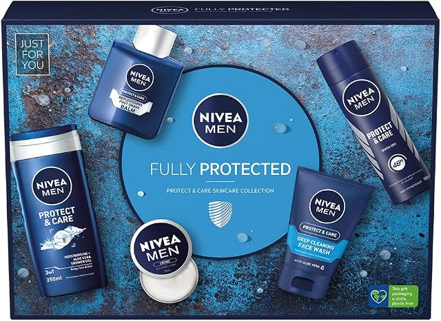 NIVEA MEN Fully Protected Gift Set (5 Pieces), Men's Toiletry Gift Set Includes Shower Gel, Face Wash, Moisturising Cream, After Shave Balm and Anti-Perspirant