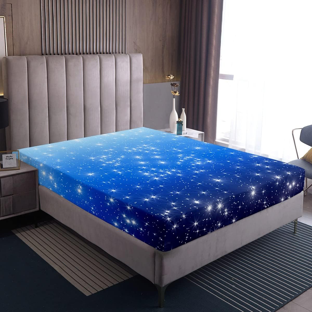 Blue Glitter Bed Sheet 90 x 200 cm for Boys Girls Sparkle Galaxy