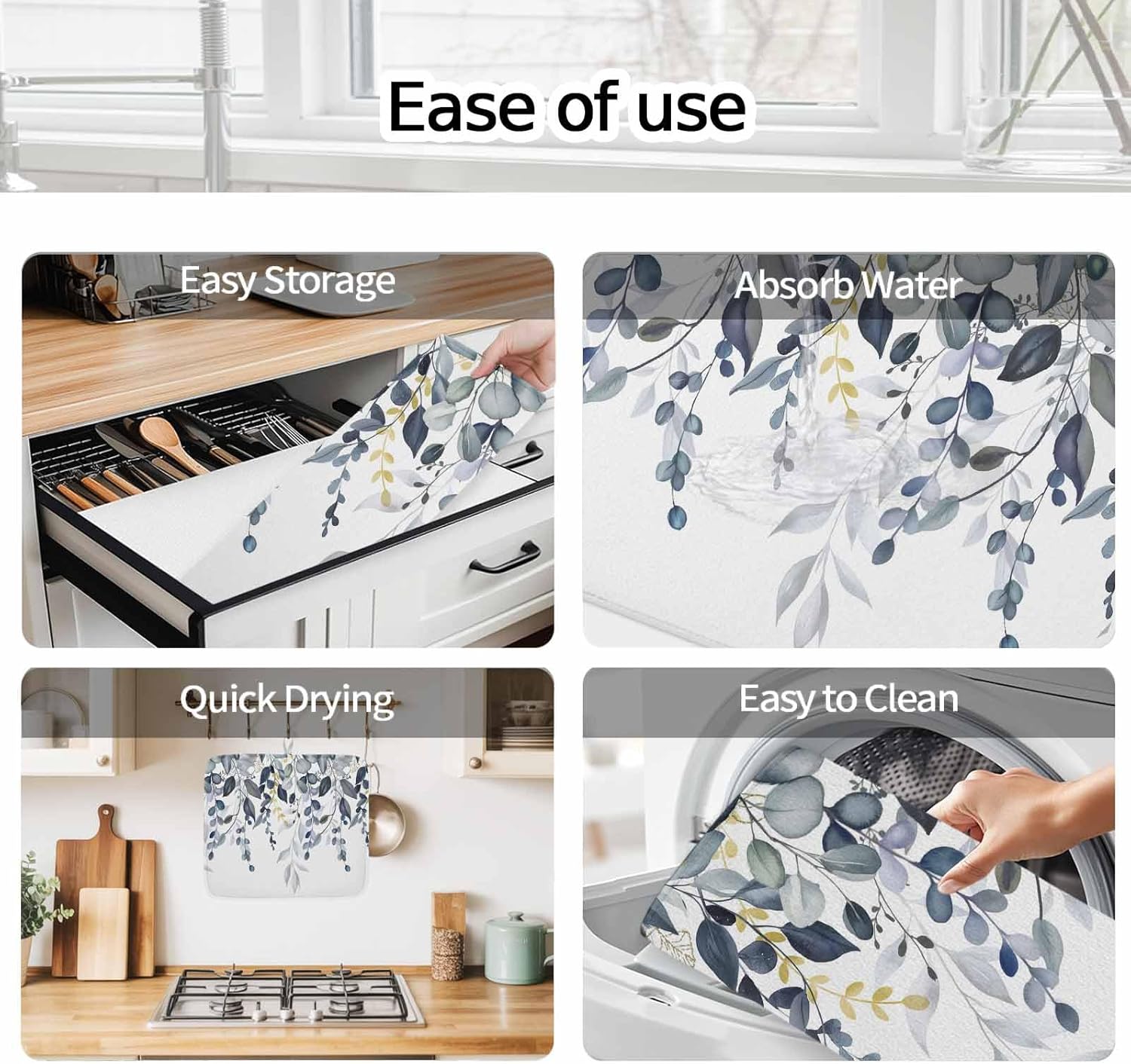 Gradient Blue Eucalyptus Leaf Dish Drying Mats for Kitchen Counter,Absorbent Microfiber Dish Drainer Rack Mat Watercolor Herb Foliage Drying Pad for Sinks,Utensils,Countertops,18x24in