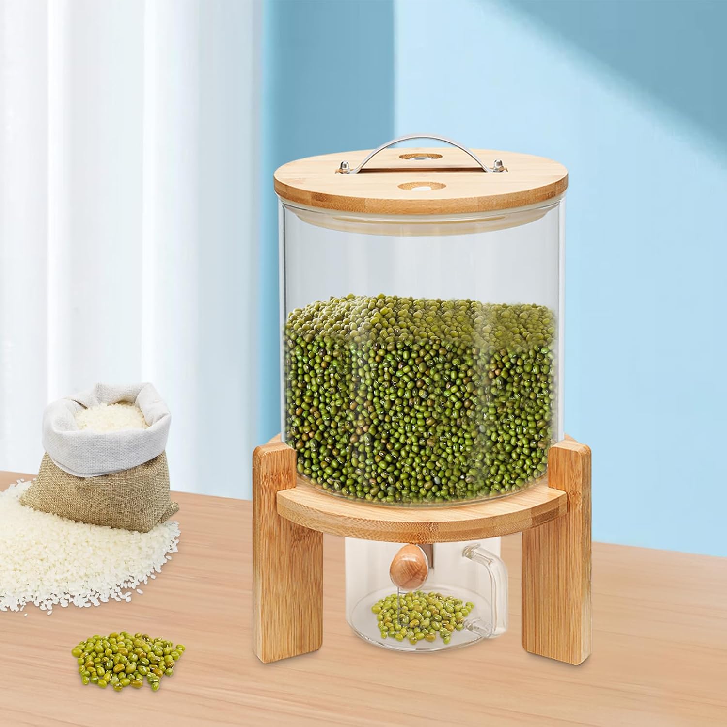 Cereal Storage Dispenser Rice/Grain Dry Food Glass Container 5L for Kitchen Organization and Pantry Store, Airtight Lid and Wooden Stand