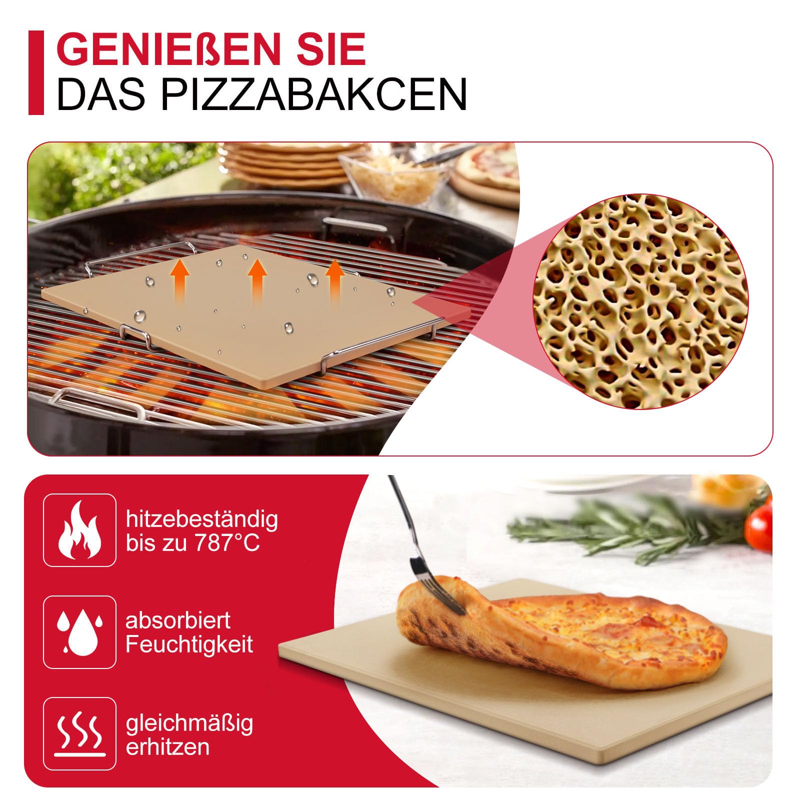 Unicook Großer Pizzastein 50,8 x 34,3 cm, Rechteckiger Pizza Backstein, Robuste Cordierit-Brotpfanne für Backofen und Gasgrill, ideal zum Backen verschiedener Größen von Pizza Brot Keksen
