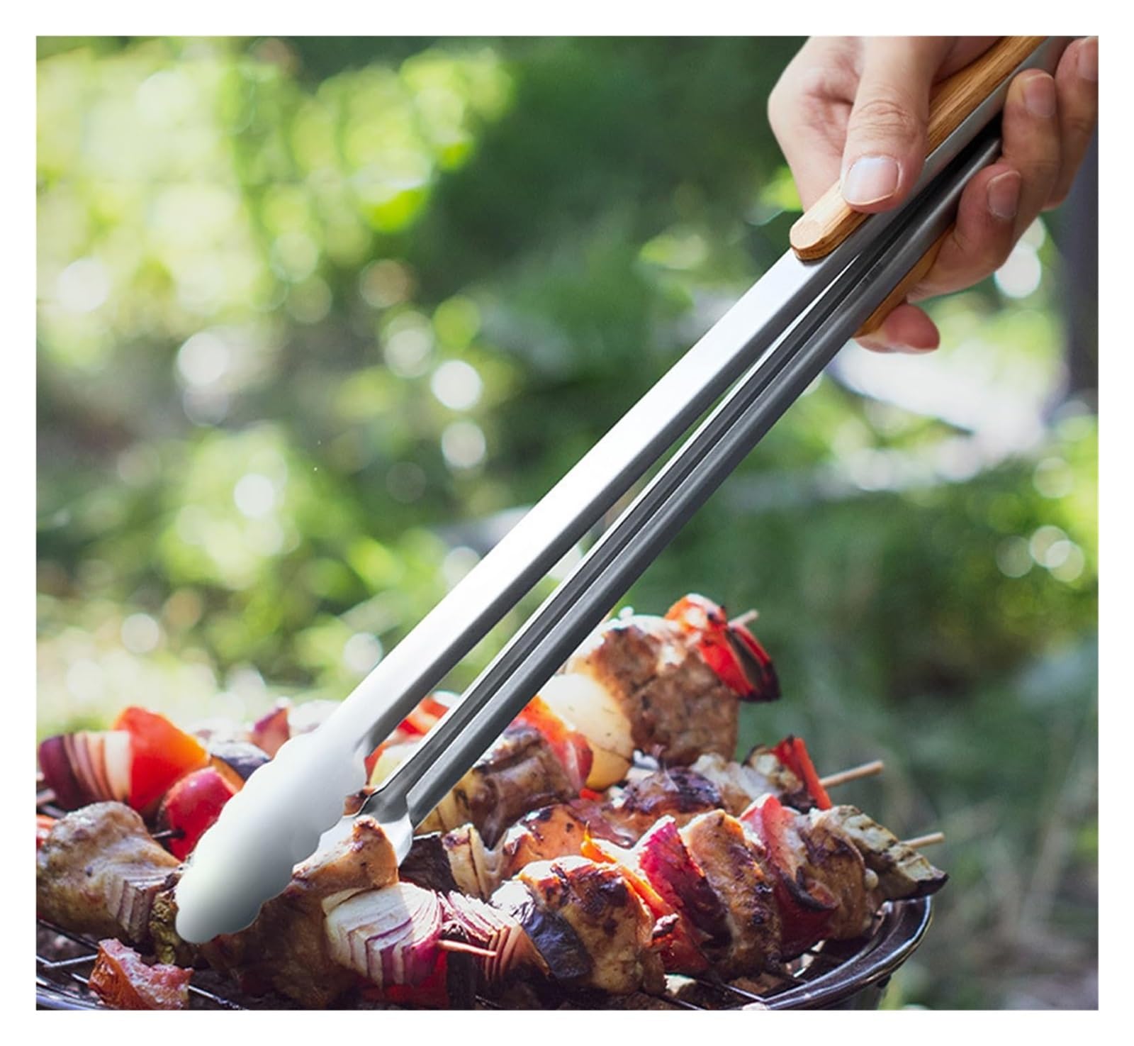 Pinzas de acero inoxidable con mangos madera maciza, barbacoa larga, compatibles carbón, parrilla, cocina(44.5cm)