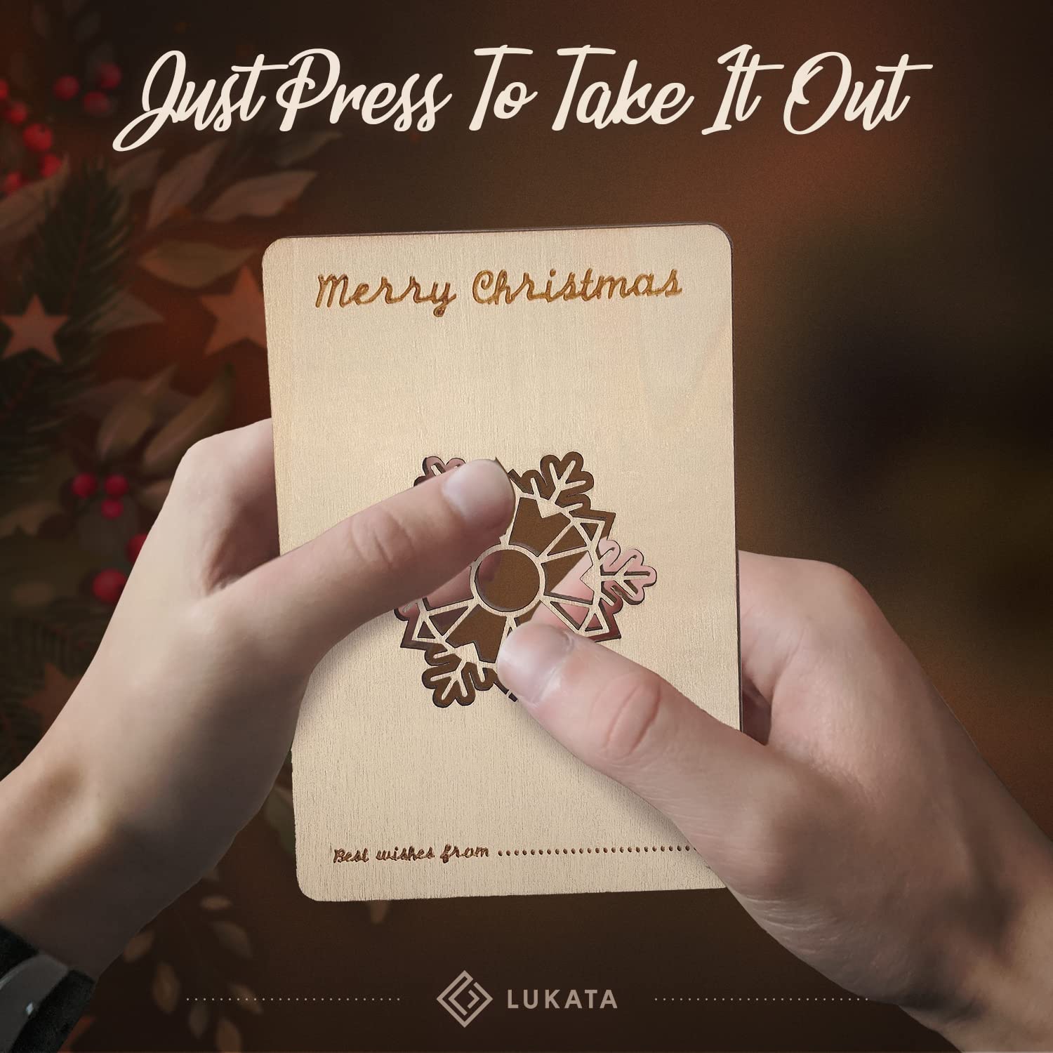 Lukata Premium Wooden Card with Pop-Out Snowflake & Envelope, Merry Christmas Card For Friends & Family - Image 4