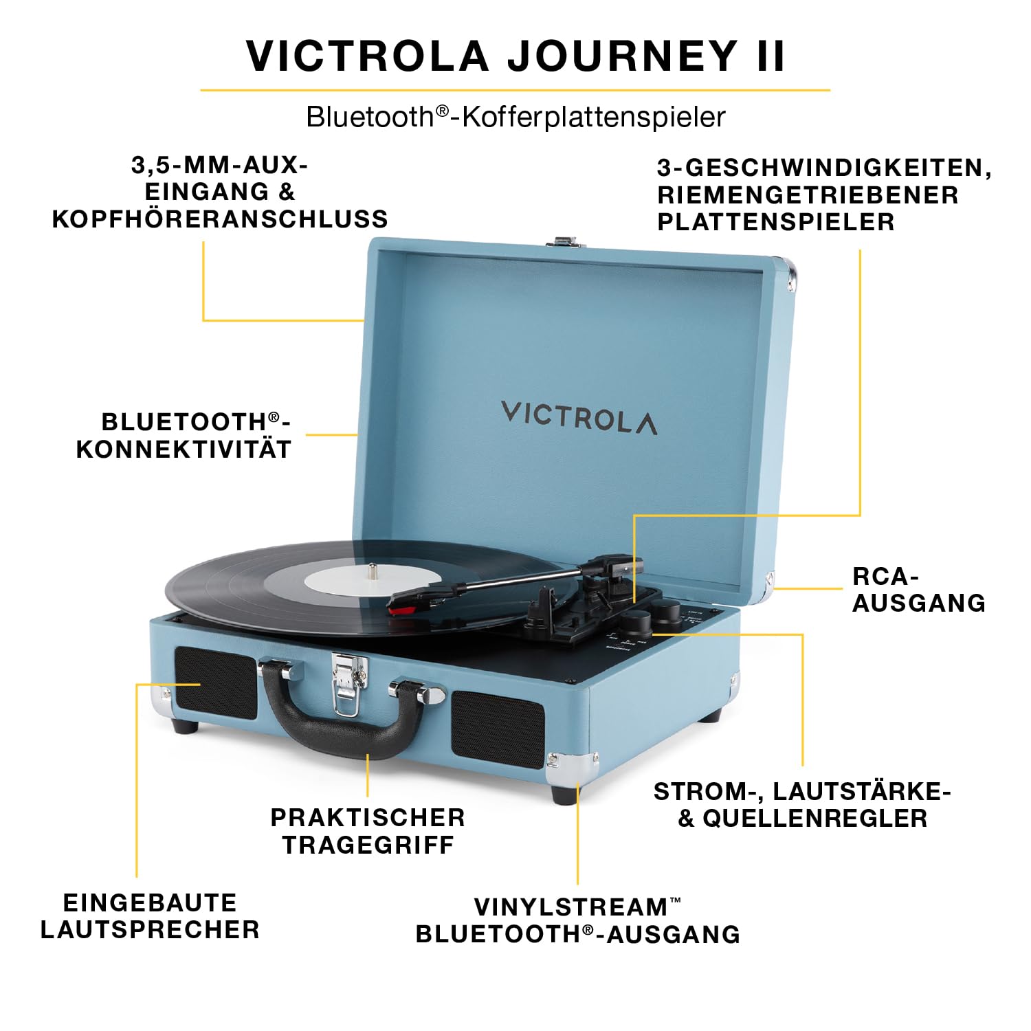 Victrola Journey II – Bluetooth-Kofferplattenspieler – Integrierte Stereo-Lautsprecher mit verbessertem Bass, 3-Geschwindigkeits-Plattenspieler, RCA- und Kopfhörerausgänge(Rosa)