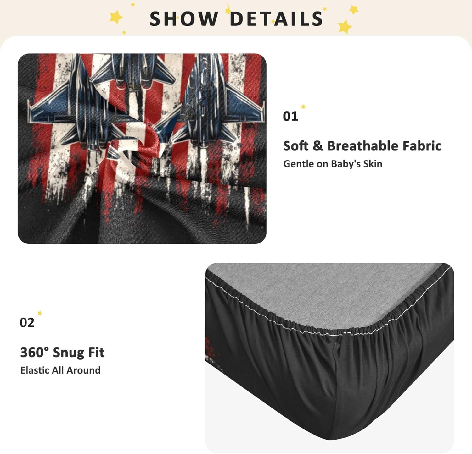 American Flags Fighter Jets Crib Sheets Soft Breathable Fitted Cotton Baby Crib Sheets Mattress Cover for Girl Boy, 52" x 28" x 9"