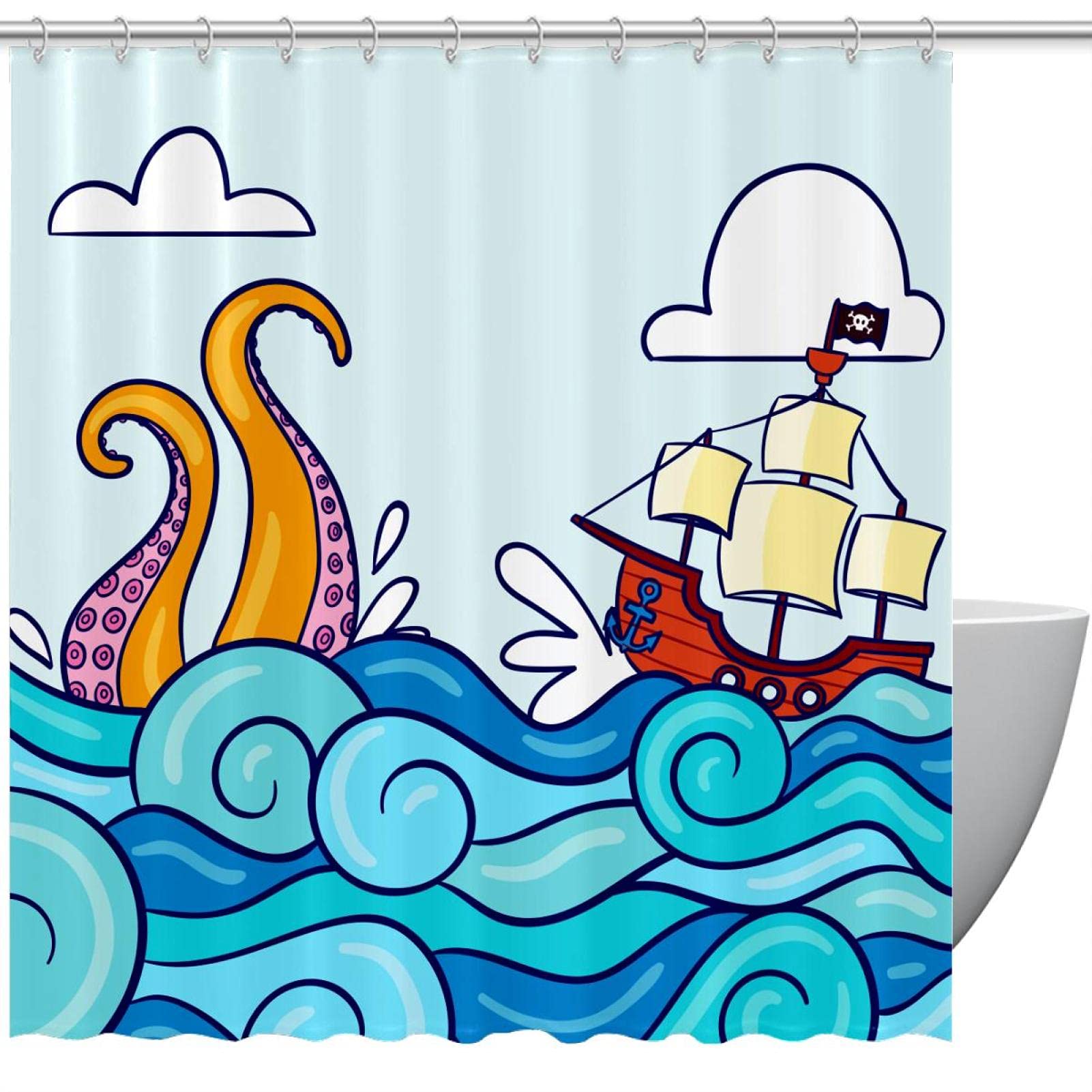 Rideau de douche nautique imperméable 183x183 cm lavable avec crochets pour salle de bain marine