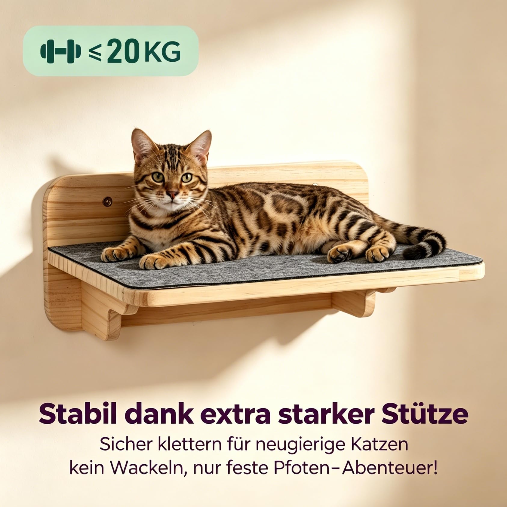 Ściana dla kota z drewna z miękkim filcem, ścianka do wspinaczki dla kotów, schodki dla kotów, zestaw 4 szt. wraz z 1 platformą 40 x 32 cm, 3 stopnie 18 x 18 cm, do 30 kg, zestaw mebli ściennych dla