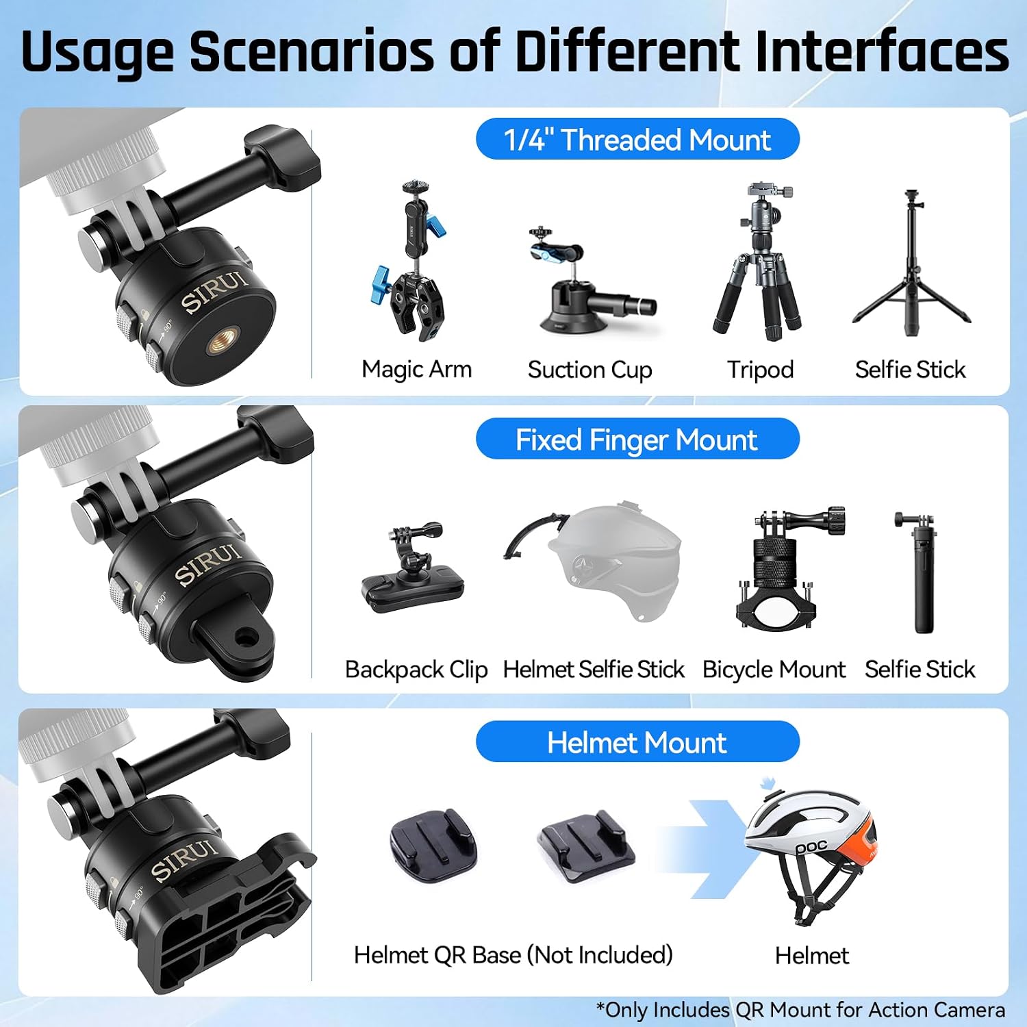 SIRUI Magnetic Quick Release Tripod Mount for Action Camera, 90° Rotatable Mount with Fixed Finger, 1/4" Threaded Mount, Helmet Head Mount Base, AM-AC01