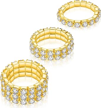 LucBuy 3 Pcs Rhinestone Rings Fashion Crystal Stackable Stretch Finger Ring Set Cute Stretch Toe Ring Bling Diamond Ladies Jewelry