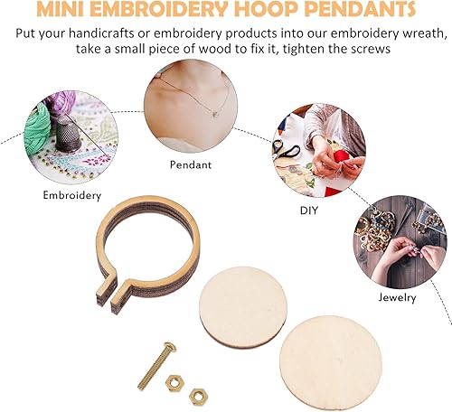 Miniatura 7 de ARTIBETTER Aros de bordado en miniatura, 20 juegos de dijes de madera para hacer joyas, mini bordado en forma de aro colgante para pulsera, collar,