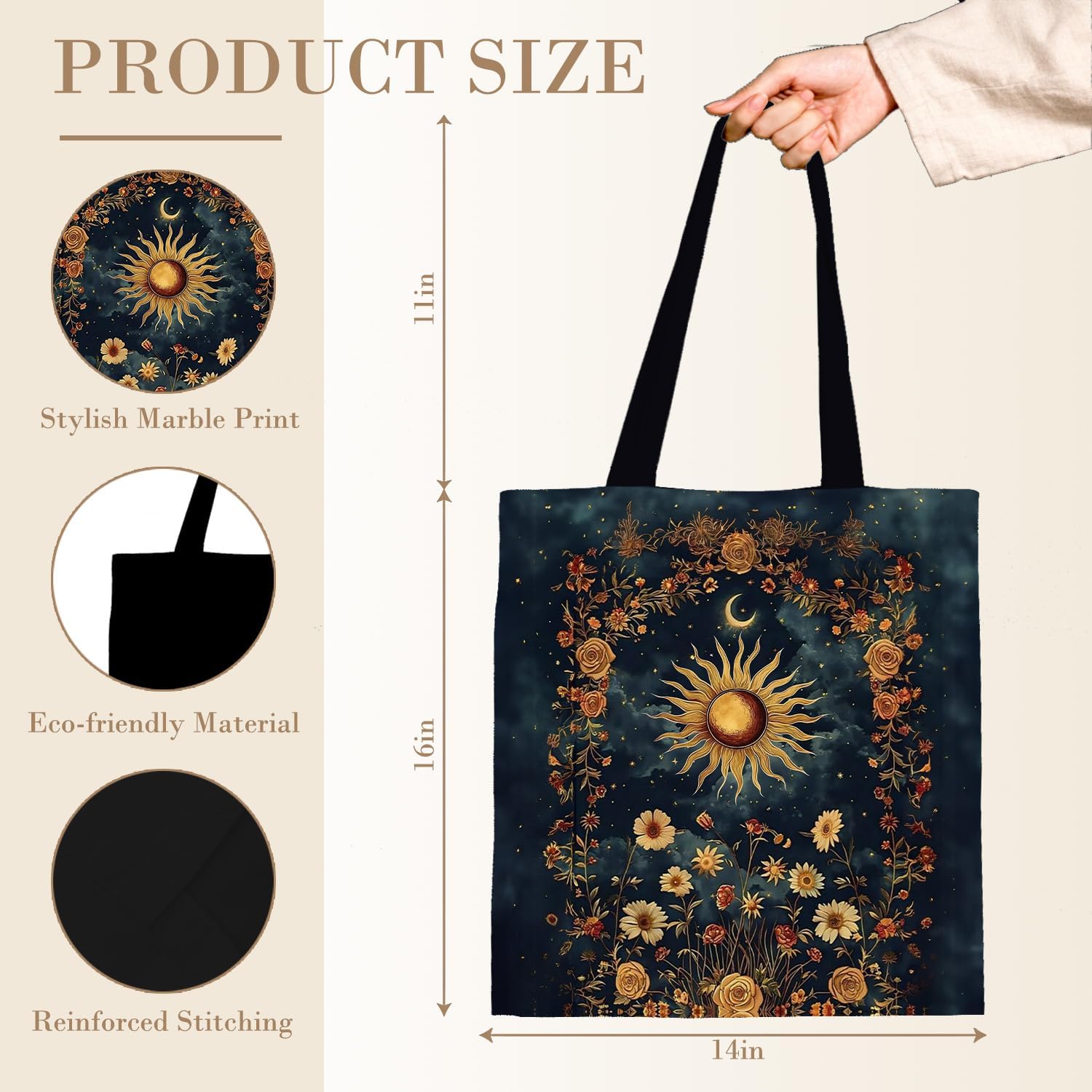 Gloomy Boho Sun Floral Tote Bag, Witchy Gothic Sun and Moon Night Canvas Tote Bags for Women, Mystical Celestial Boho Botanical Reusable Grocery Shopping Bags - Image 6